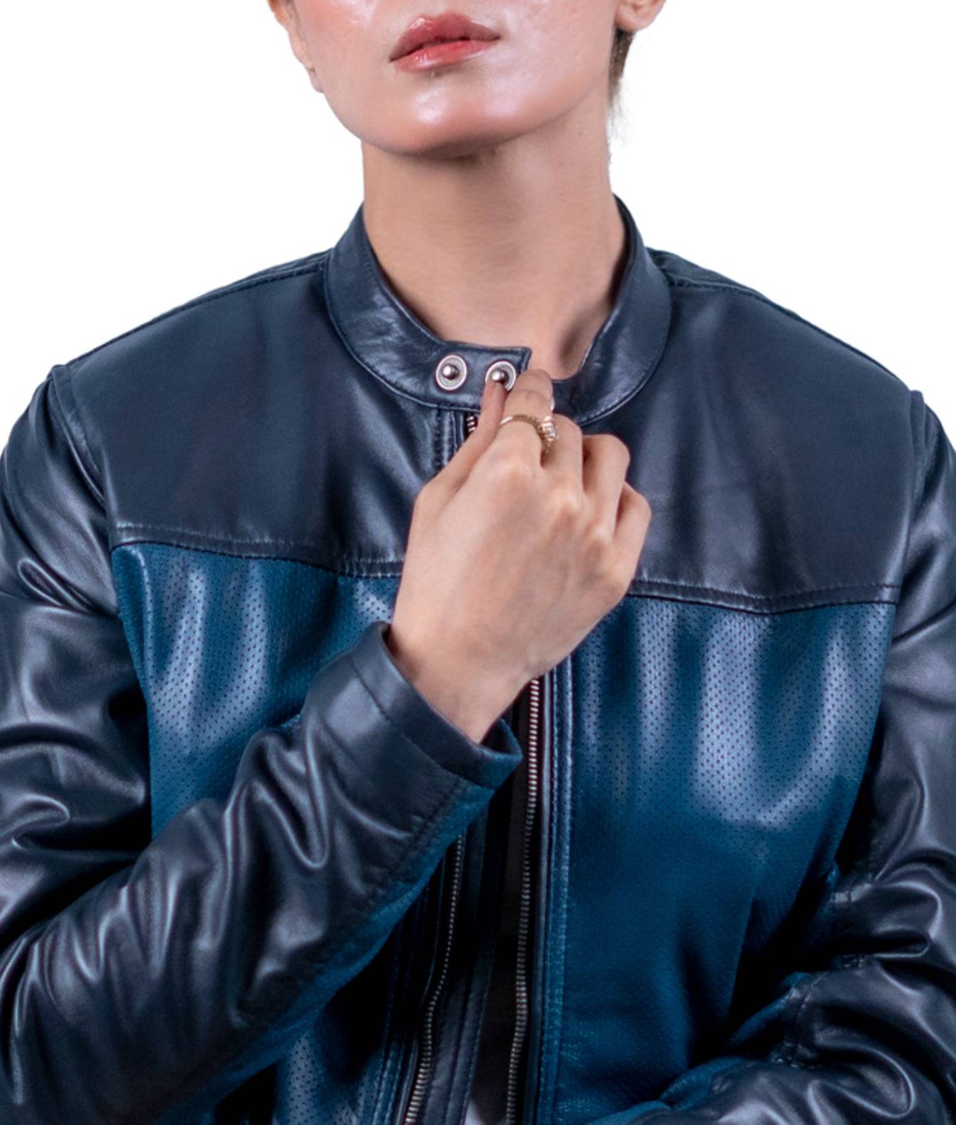 34 - Women’s Teal & Black Leather Panel Jacket – Sporty Urban Edge