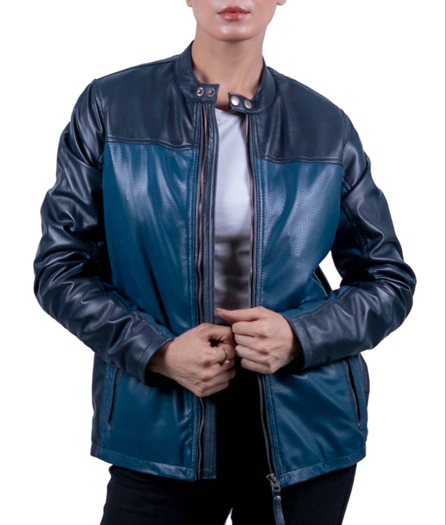 34 - Women’s Teal & Black Leather Panel Jacket – Sporty Urban Edge