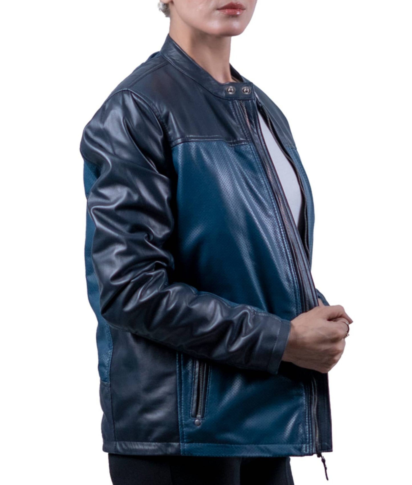 34 - Women’s Teal & Black Leather Panel Jacket – Sporty Urban Edge
