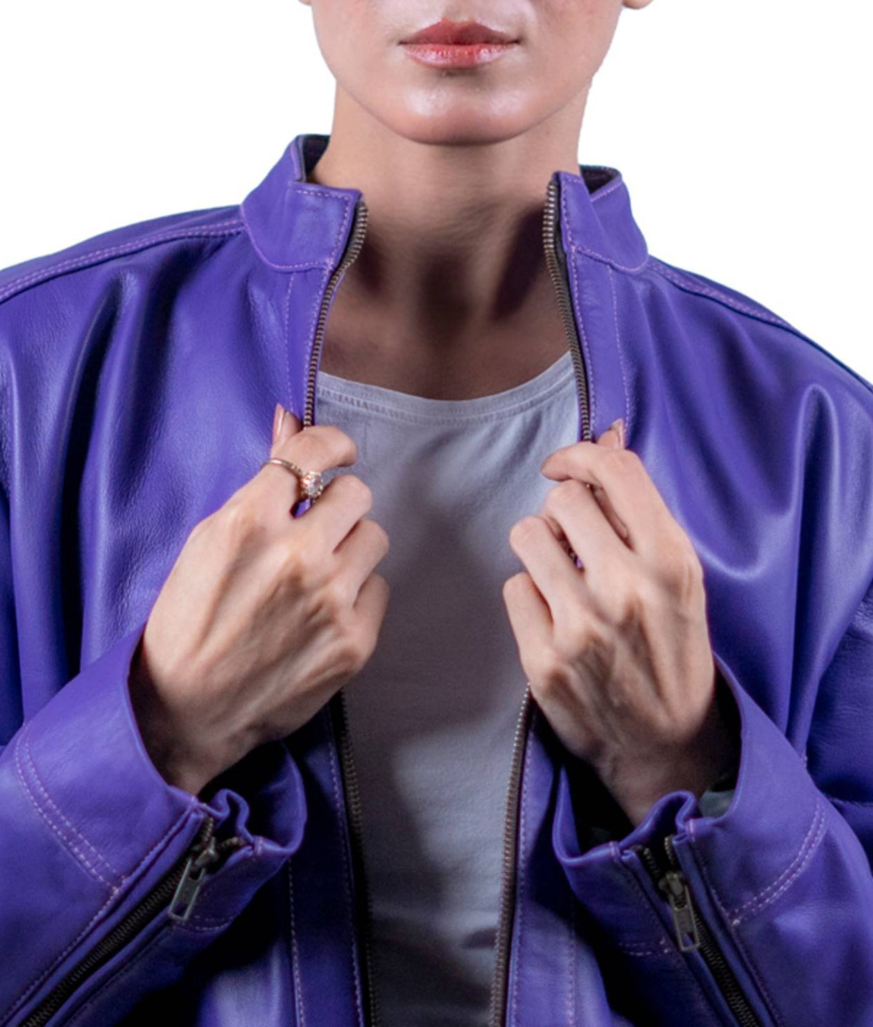 35 - Women’s Purple Stand-Collar Leather Jacket – Bold Modern Minimalism