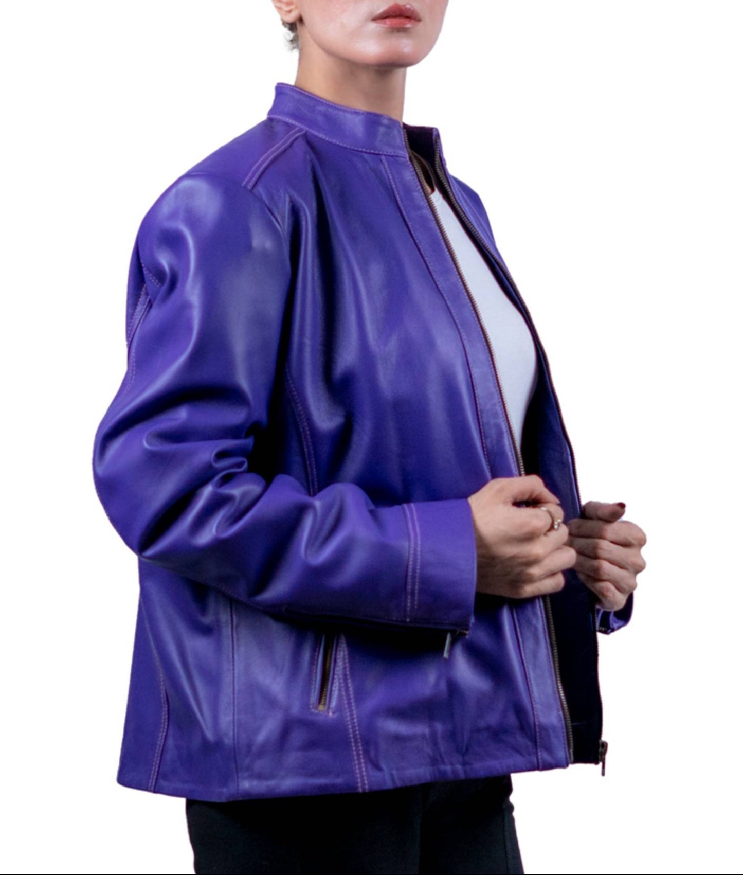 35 - Women’s Purple Stand-Collar Leather Jacket – Bold Modern Minimalism