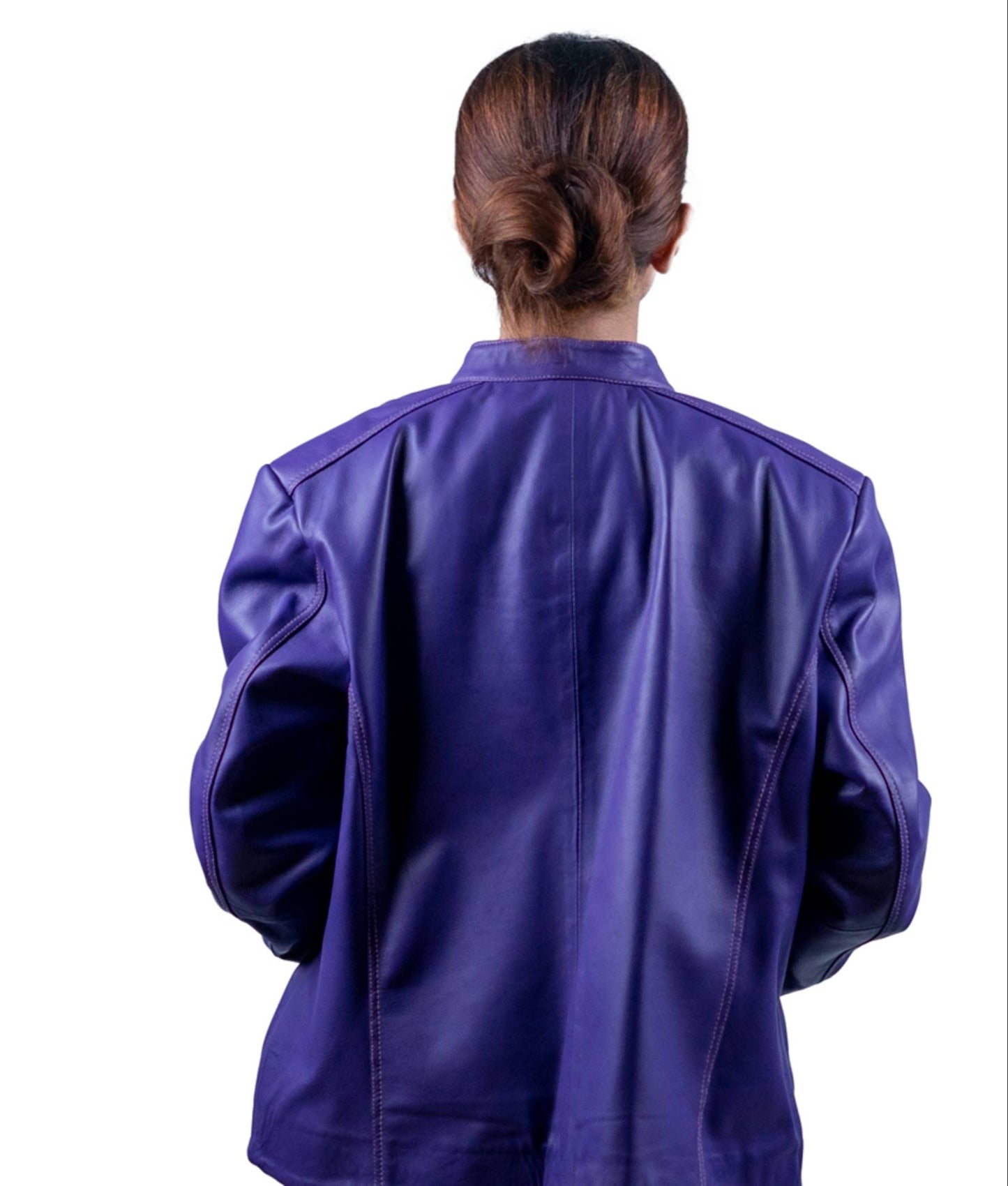 35 - Women’s Purple Stand-Collar Leather Jacket – Bold Modern Minimalism