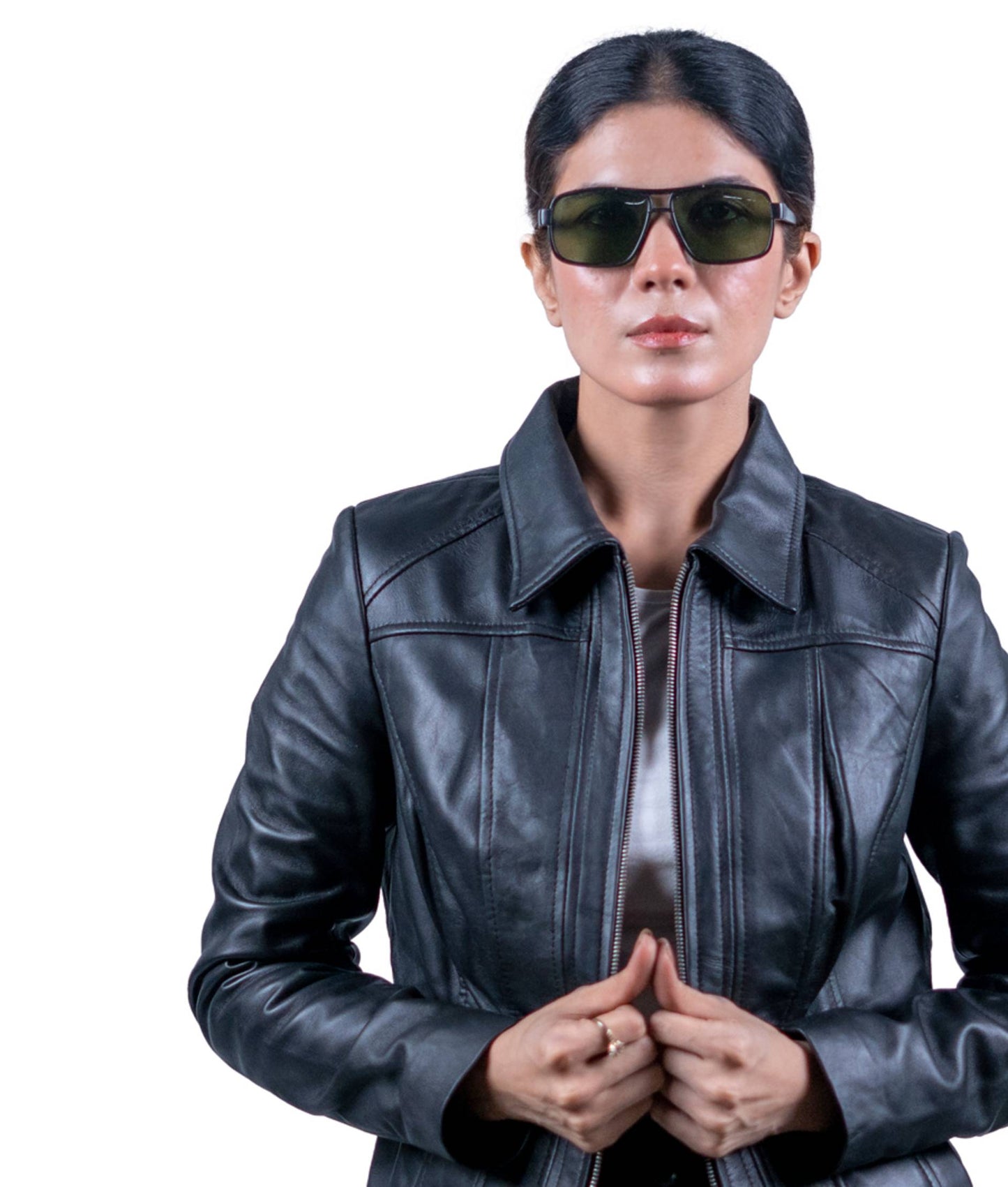 37 - Women’s Black Mid-Length Leather Jacket – Classic Elegance