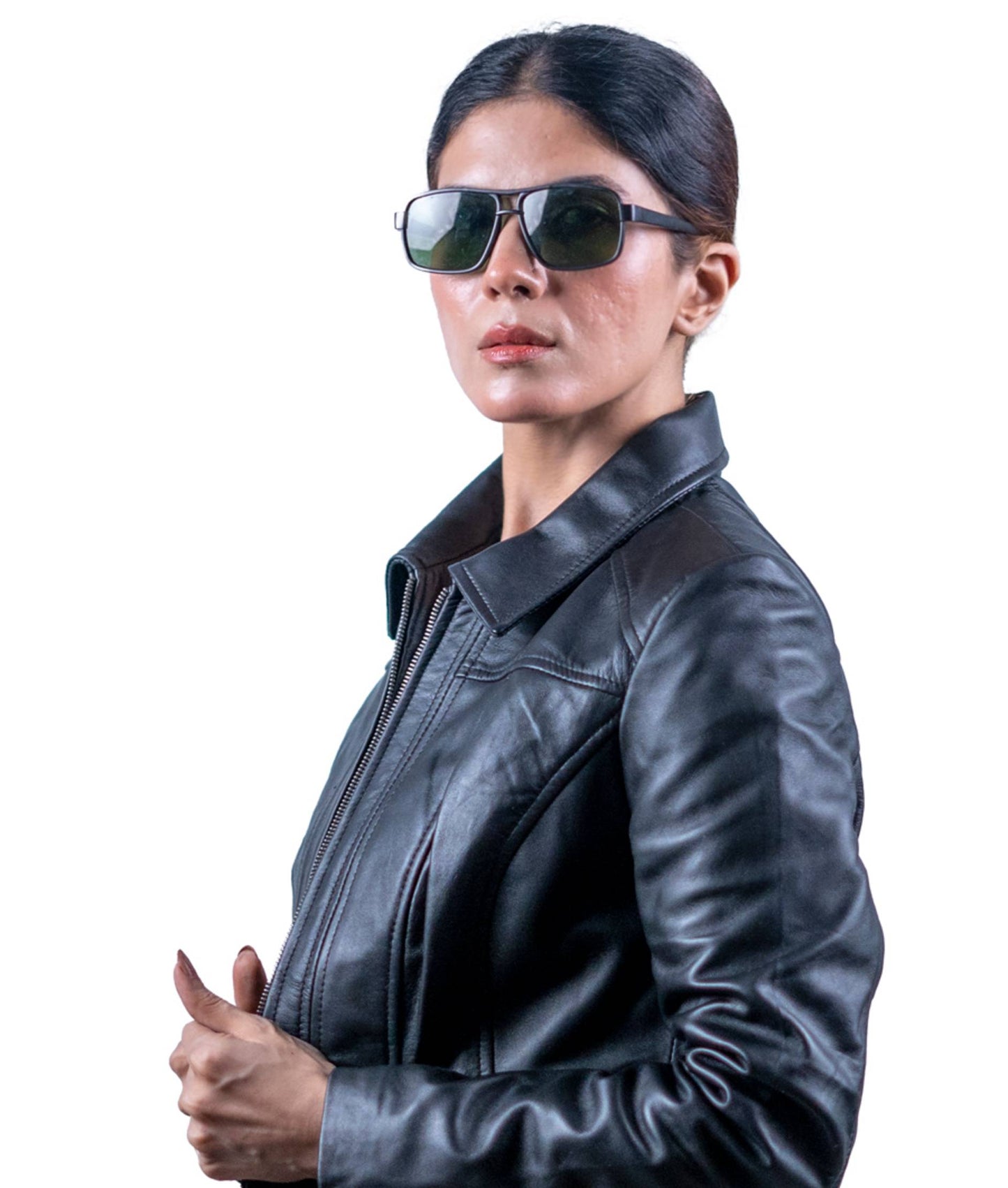 37 - Women’s Black Mid-Length Leather Jacket – Classic Elegance