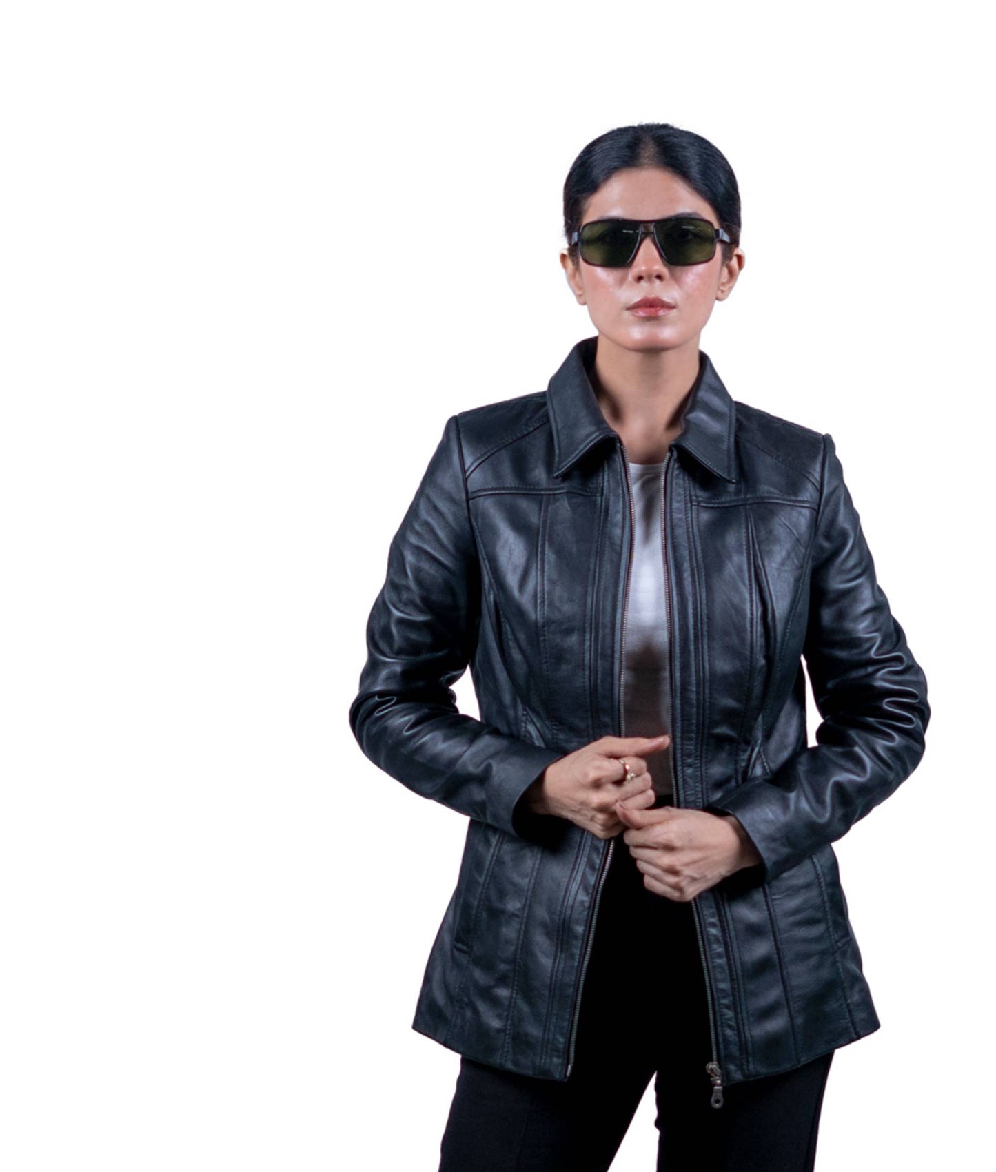 37 - Women’s Black Mid-Length Leather Jacket – Classic Elegance