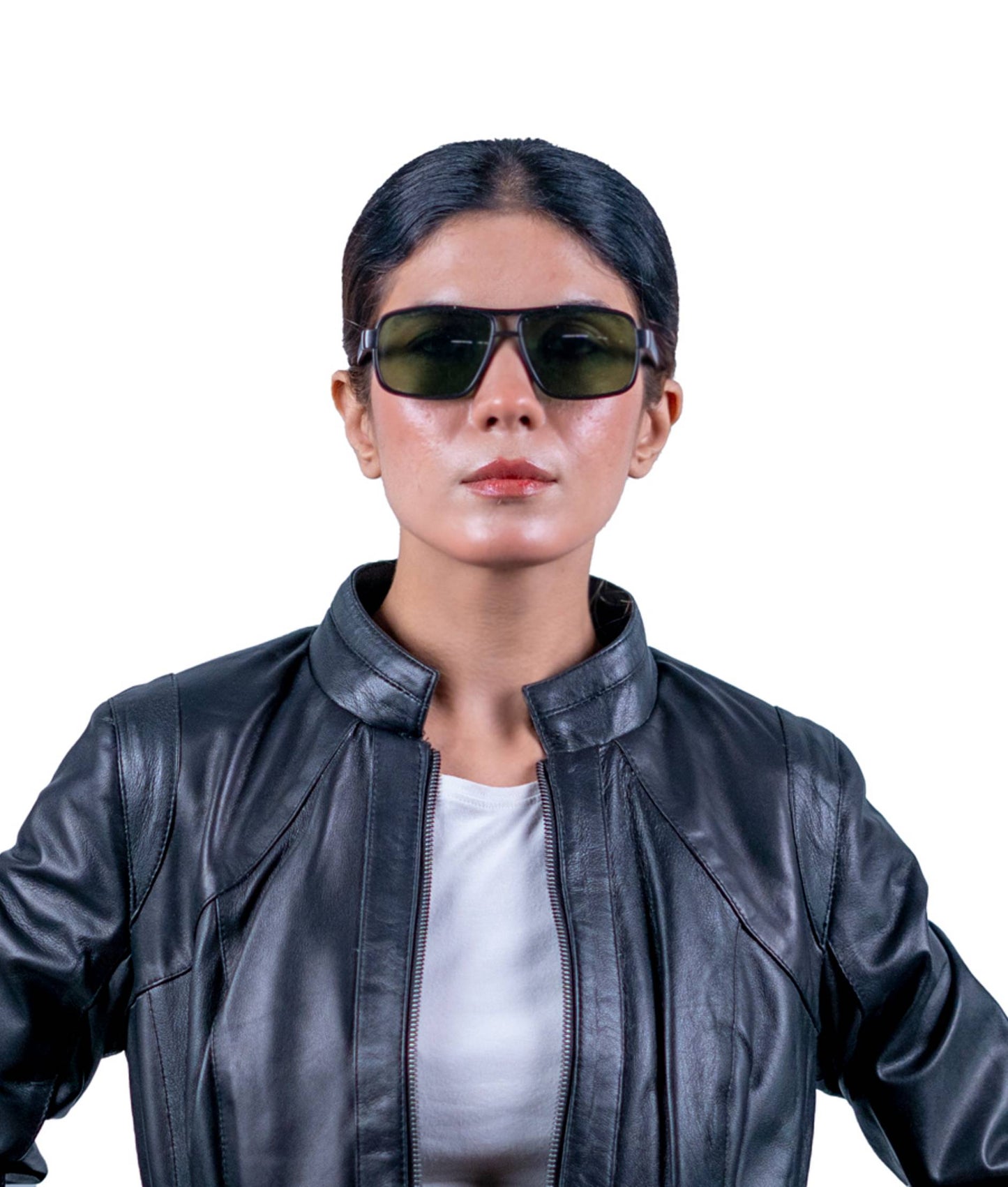 47 - Women’s Black Long Collarless Leather Jacket – Modern Minimalist