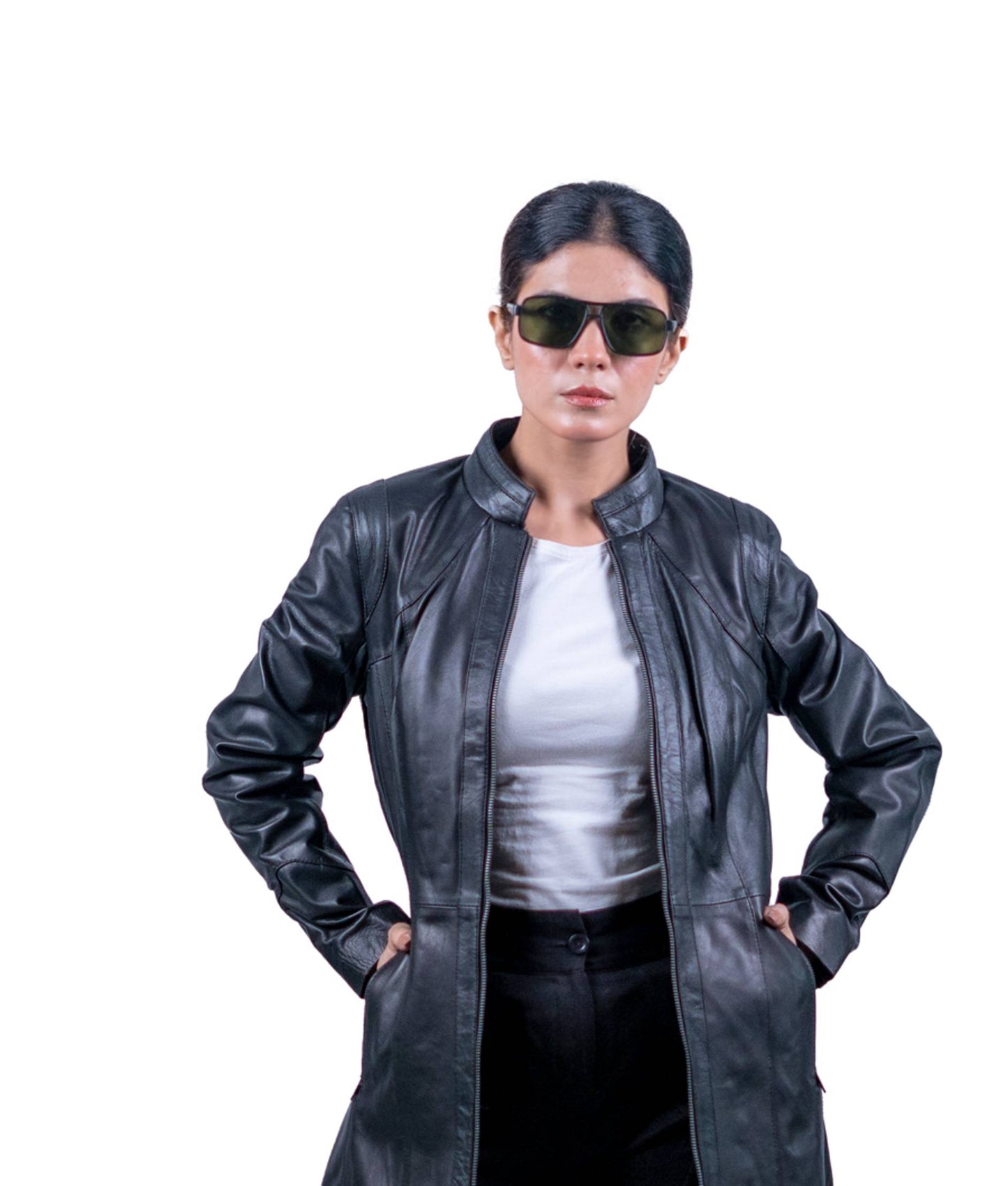 47 - Women’s Black Long Collarless Leather Jacket – Modern Minimalist