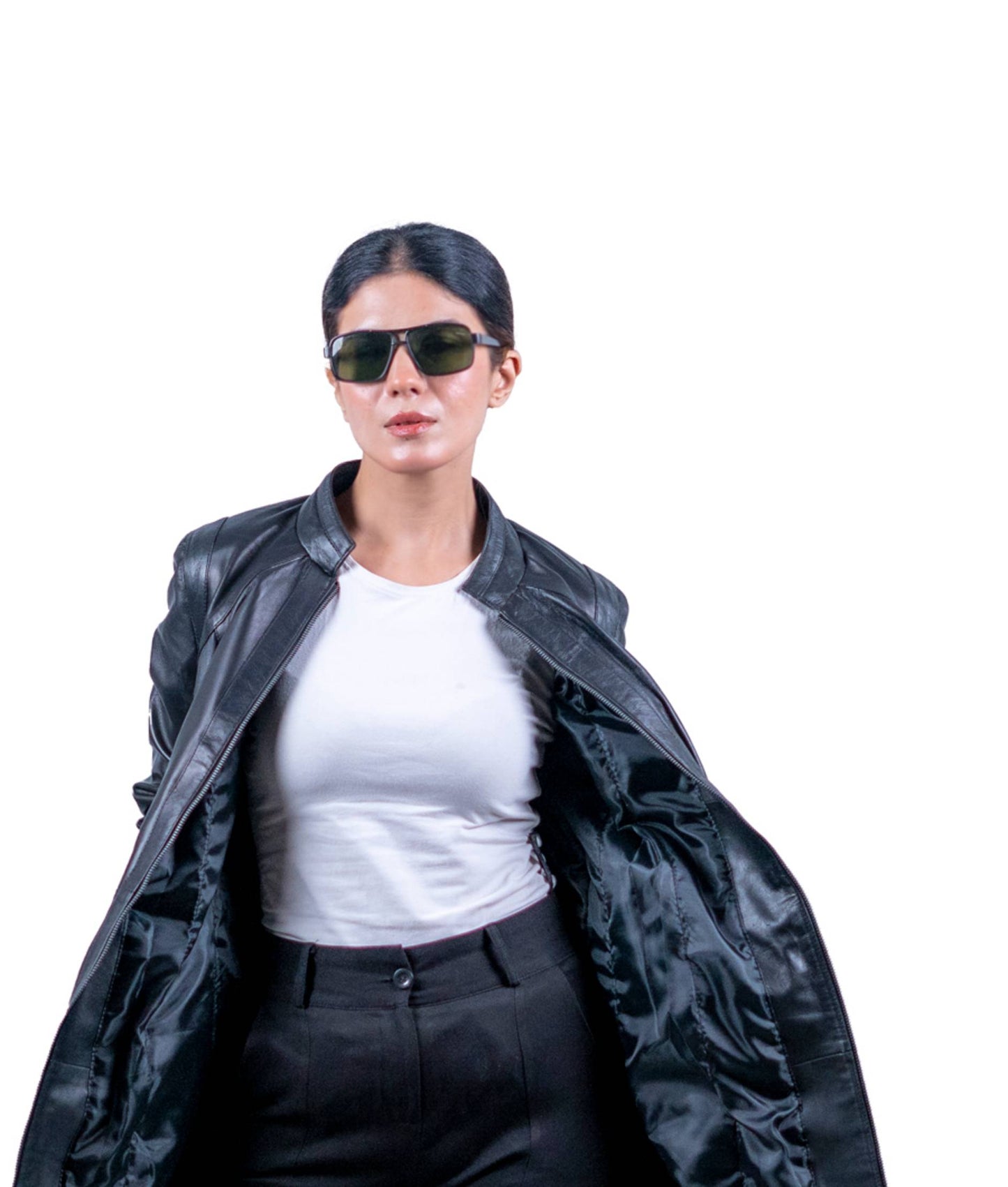 47 - Women’s Black Long Collarless Leather Jacket – Modern Minimalist
