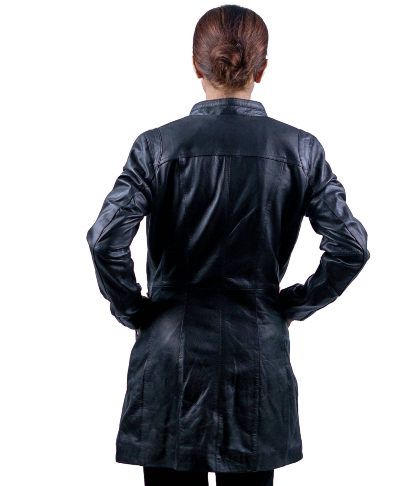 47 - Women’s Black Long Collarless Leather Jacket – Modern Minimalist
