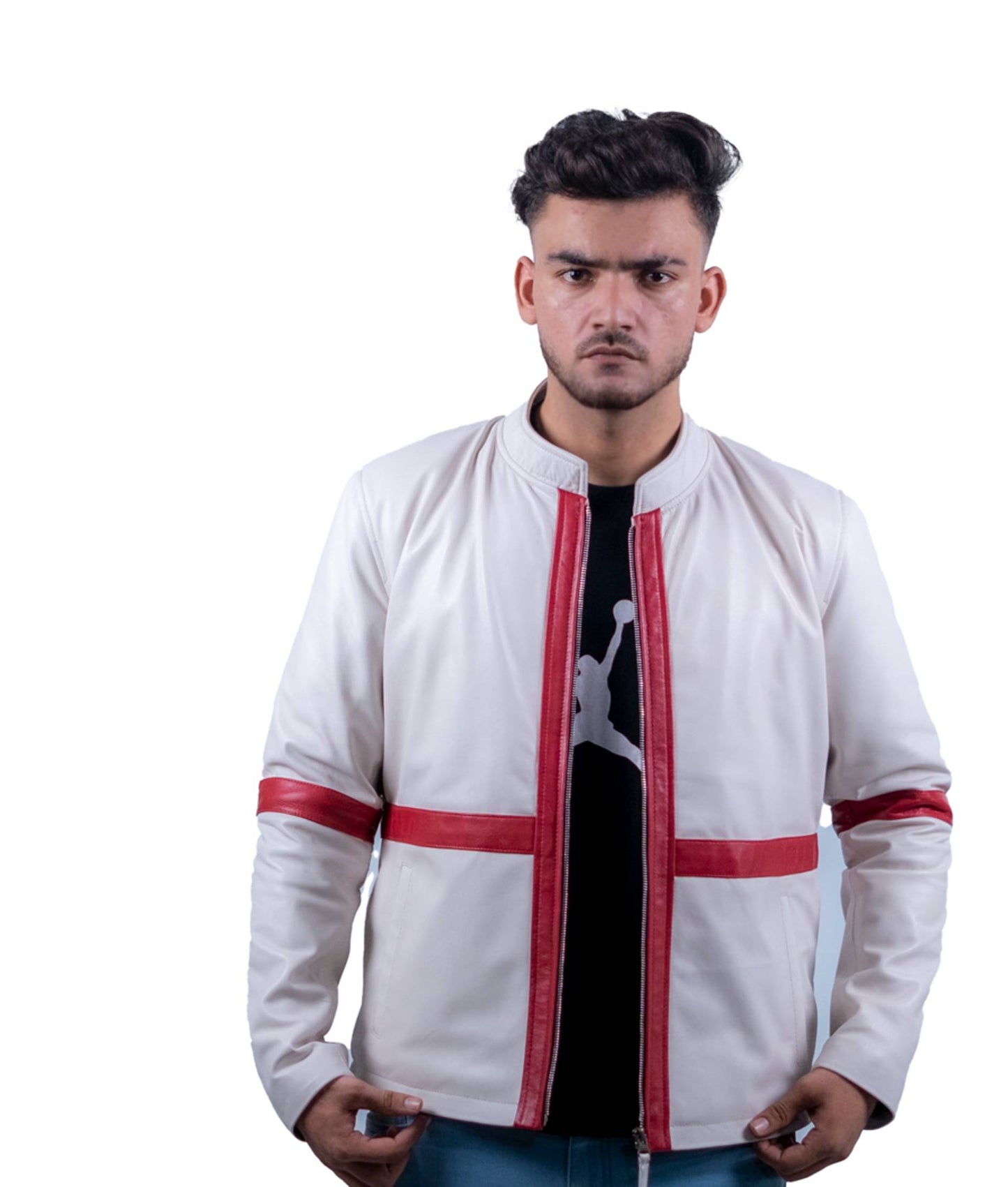 56 – Weiße Herren-Lederjacke mit roten Streifen – Sportlicher Bomber-Stil