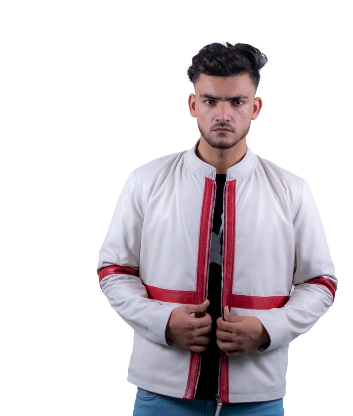 56 – Weiße Herren-Lederjacke mit roten Streifen – Sportlicher Bomber-Stil