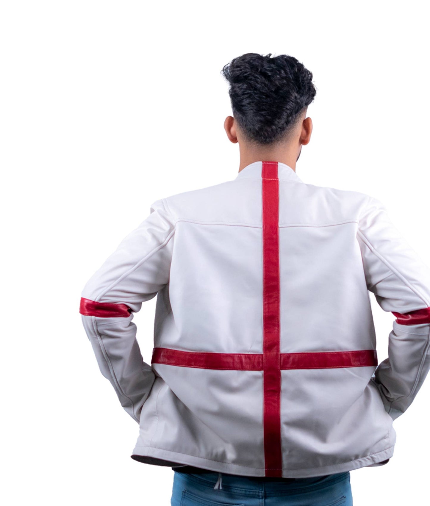 56 – Weiße Herren-Lederjacke mit roten Streifen – Sportlicher Bomber-Stil