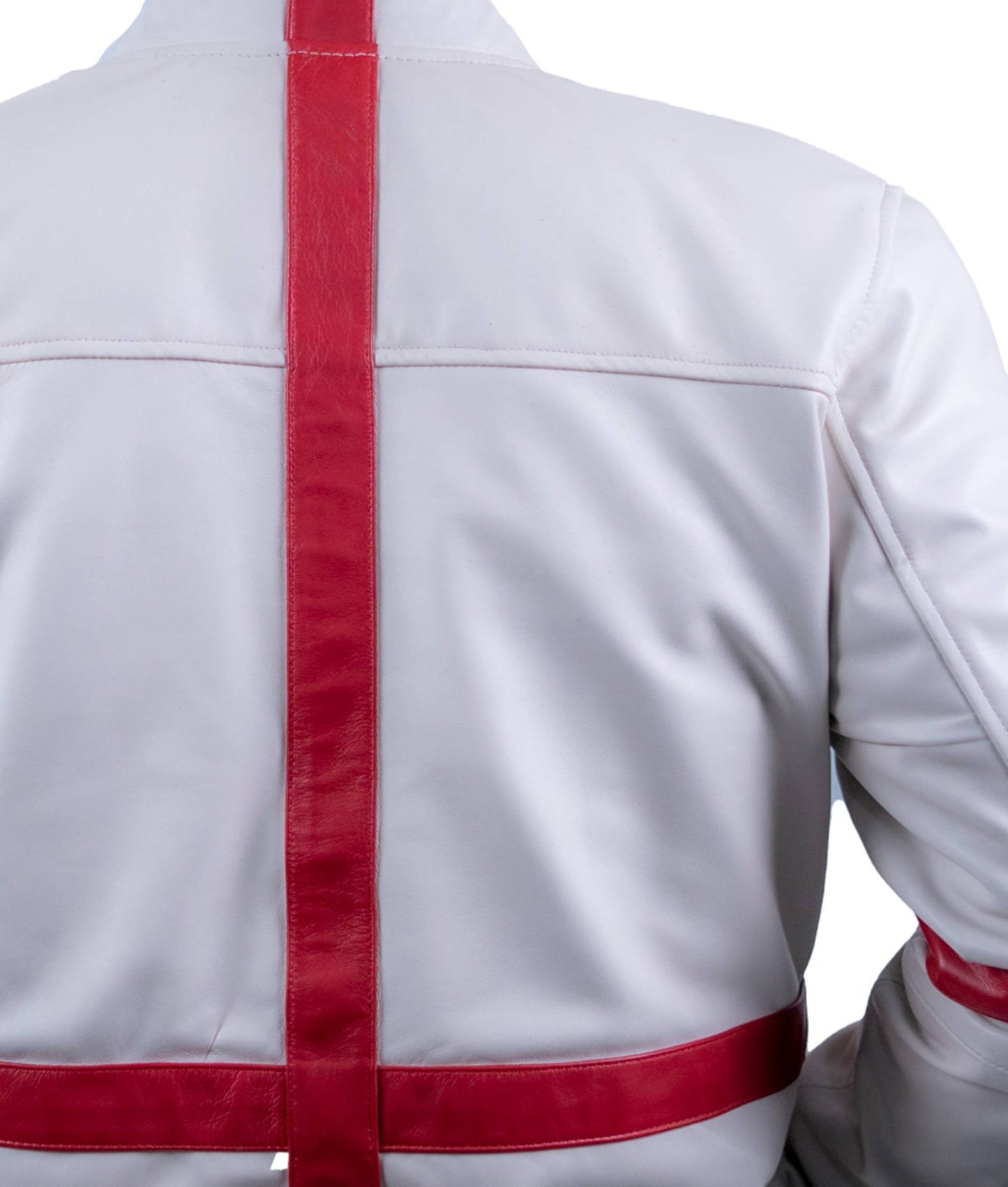 56 – Weiße Herren-Lederjacke mit roten Streifen – Sportlicher Bomber-Stil
