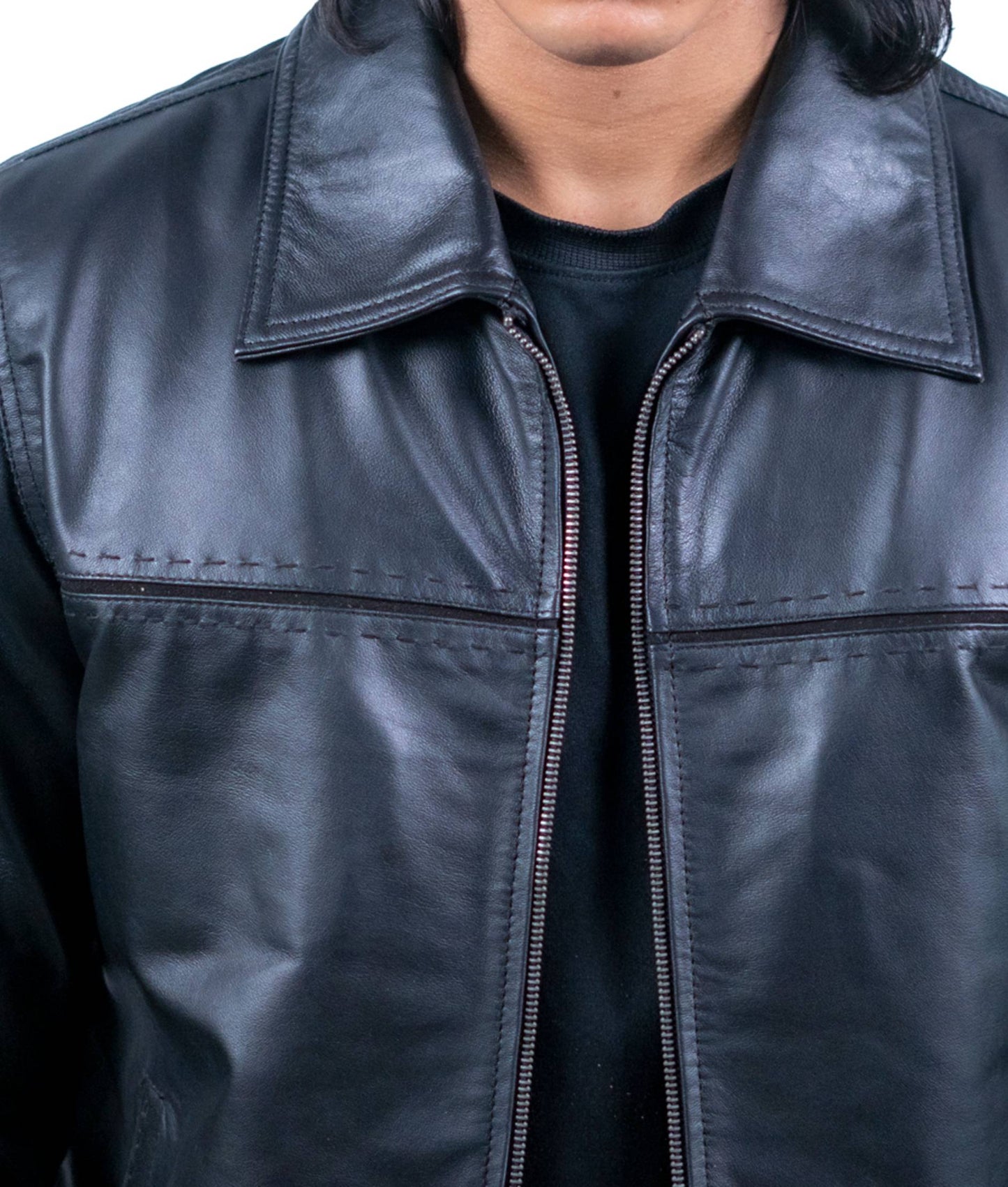 57 – Klassische schwarze Bomber-Lederjacke für Herren – Gerippter Saum und Bündchen