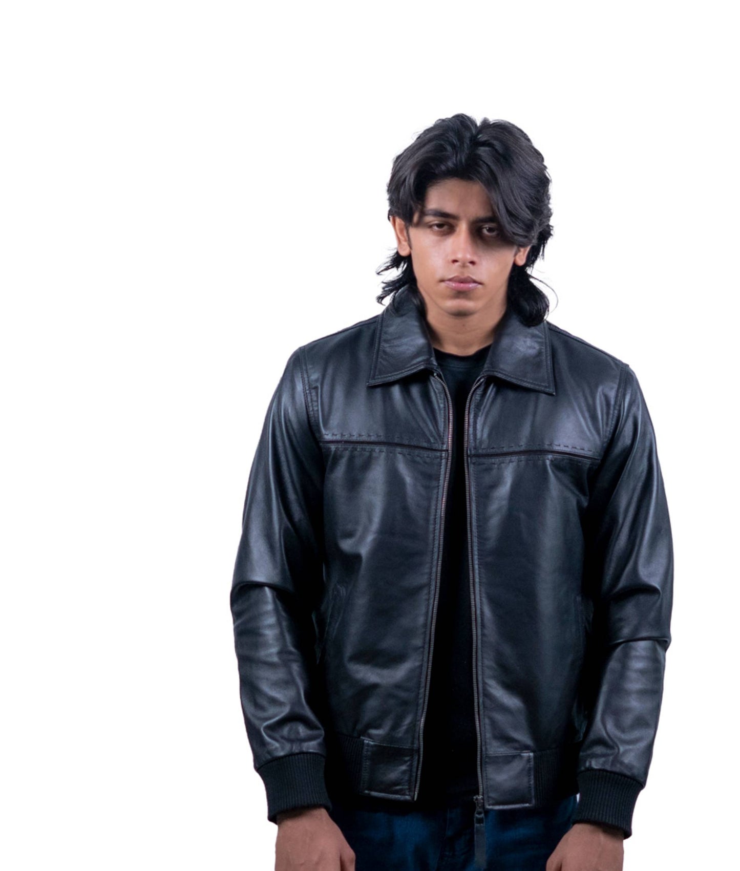 57 – Klassische schwarze Bomber-Lederjacke für Herren – Gerippter Saum und Bündchen