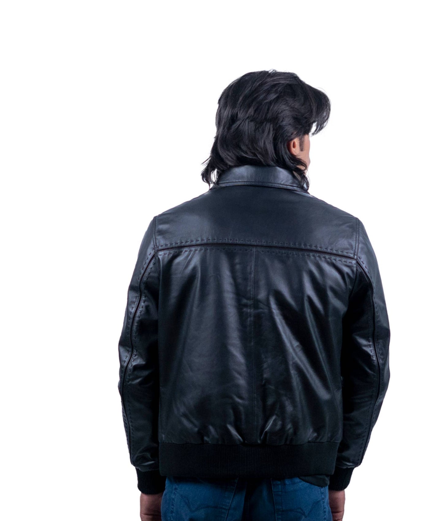 57 – Klassische schwarze Bomber-Lederjacke für Herren – Gerippter Saum und Bündchen