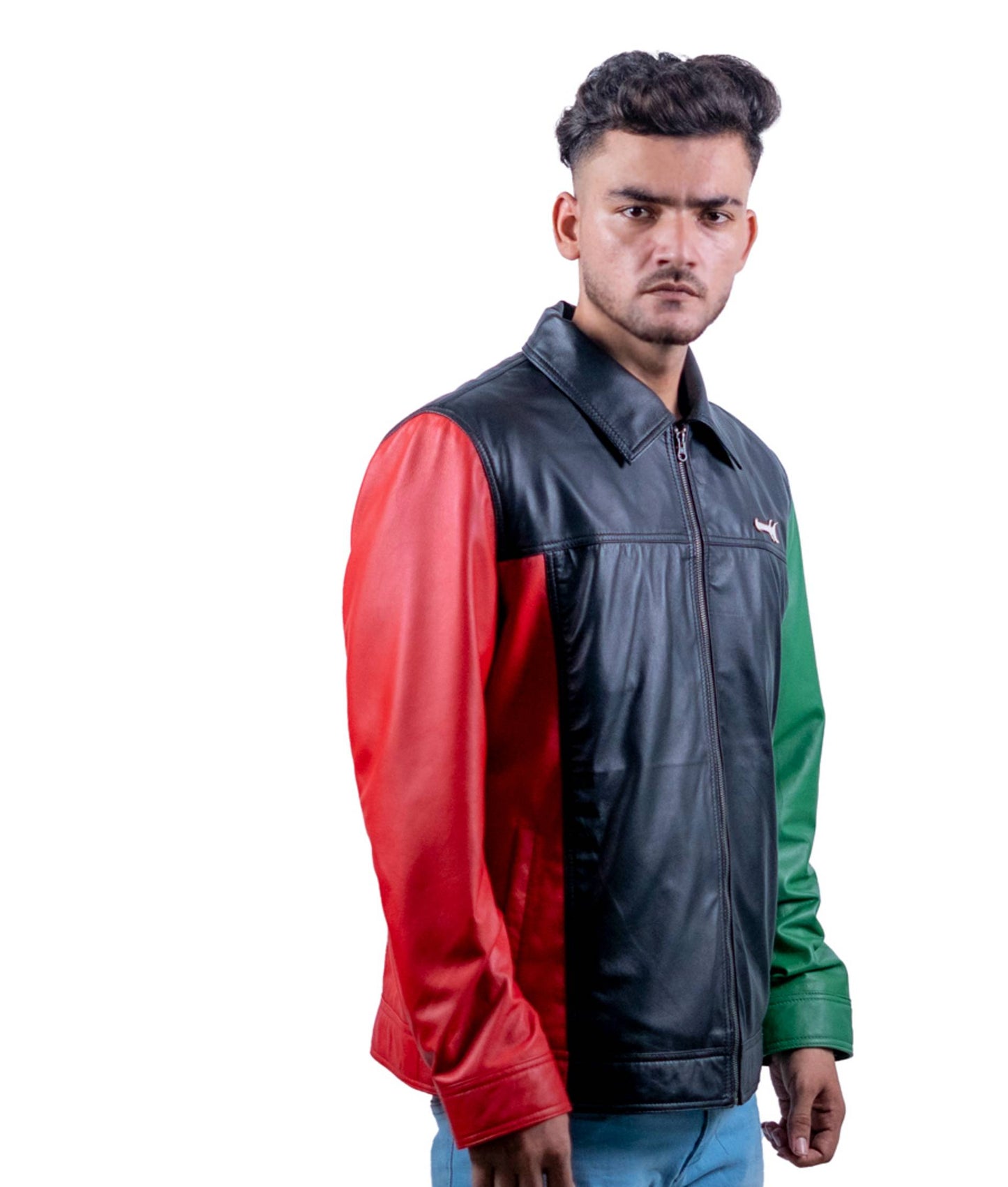 58 - Tri-Color Leather Jacket for Men – Red, Black & Green Street Style