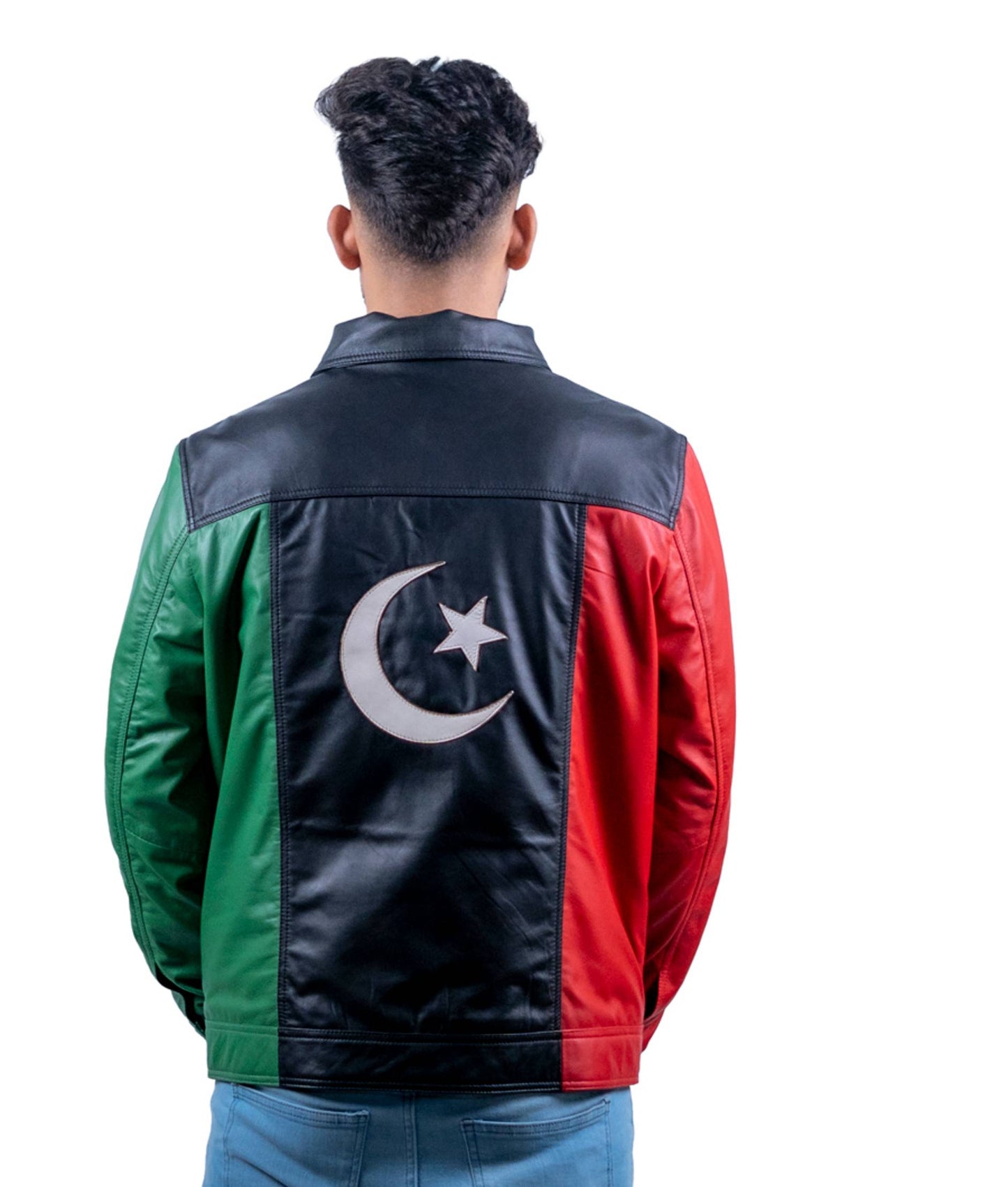 58 - Tri-Color Leather Jacket for Men – Red, Black & Green Street Style