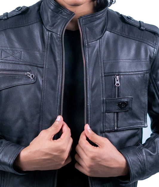 59 - Men's Black Biker Leather Jacket with Shoulder Straps and Utility Pockets