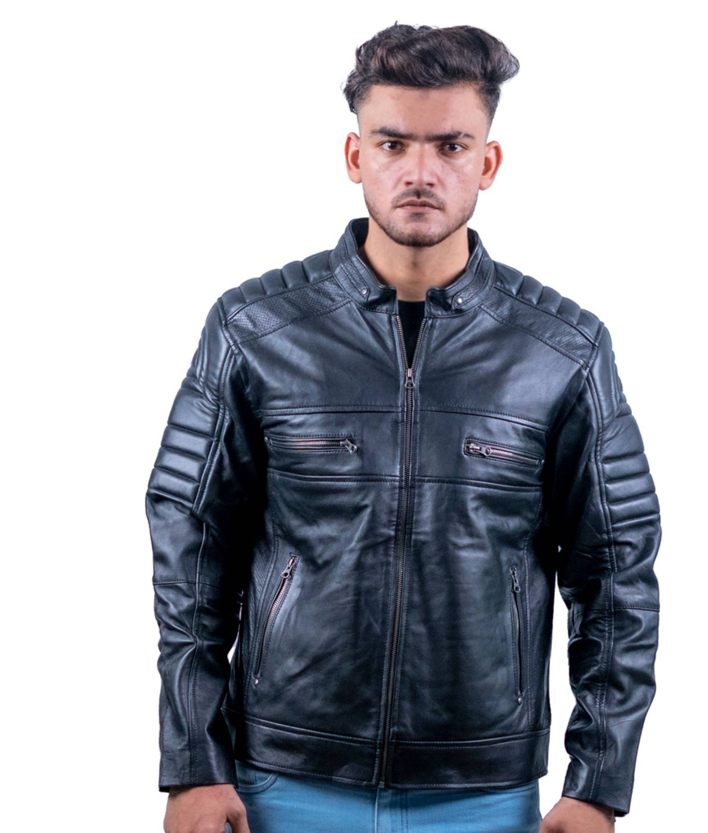 60 – Gesteppte schwarze Biker-Lederjacke für Herren – Gepolsterte Schultern und Arme