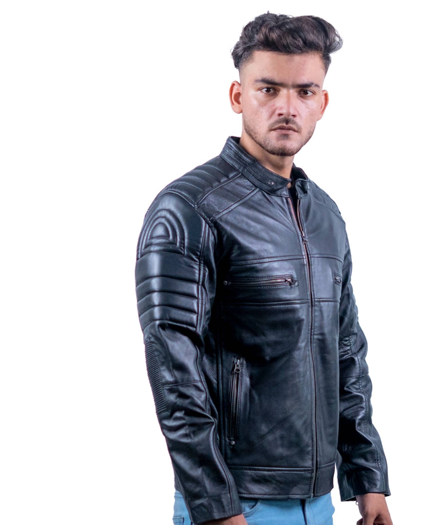 60 – Gesteppte schwarze Biker-Lederjacke für Herren – Gepolsterte Schultern und Arme