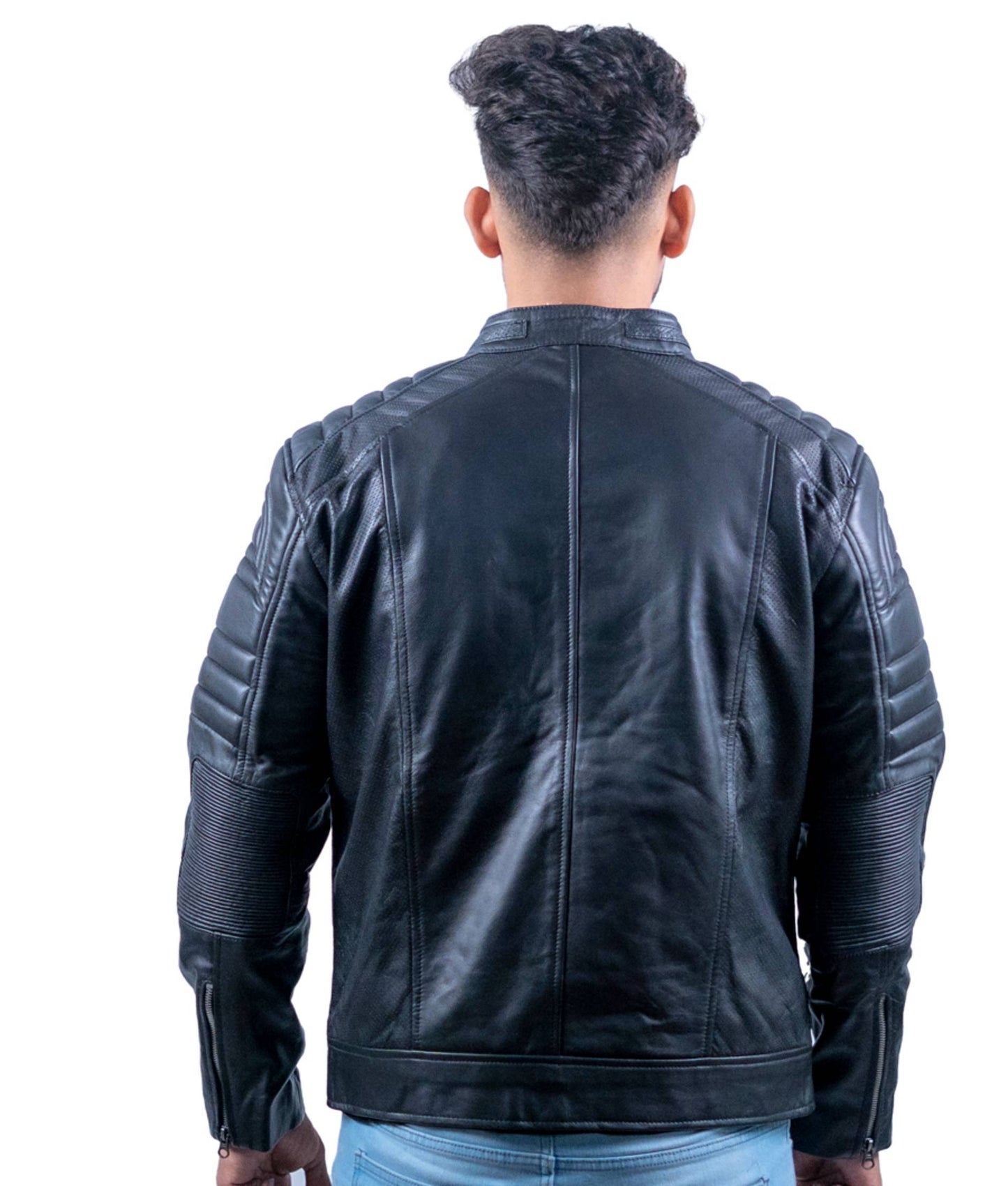 60 – Gesteppte schwarze Biker-Lederjacke für Herren – Gepolsterte Schultern und Arme
