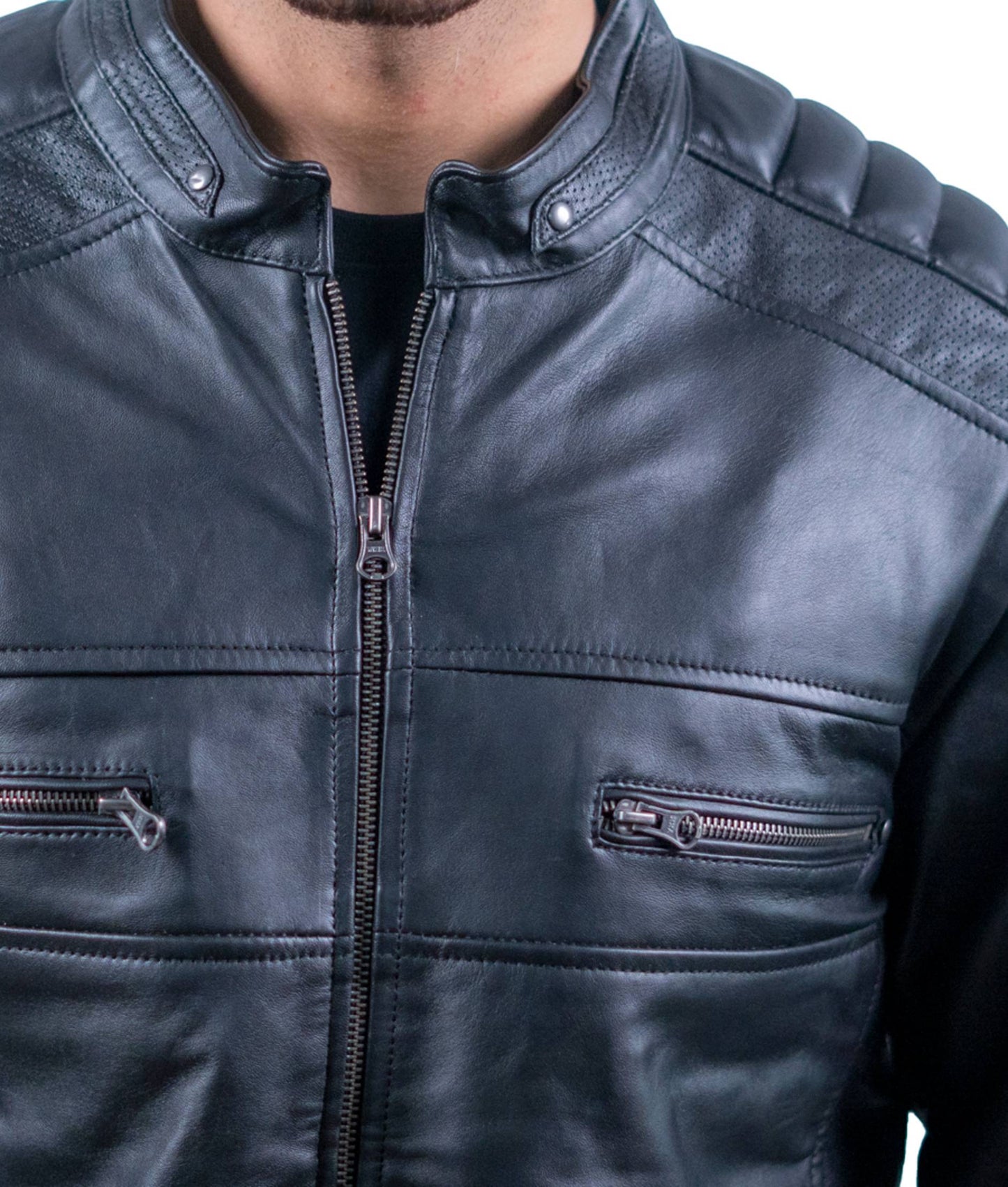 60 – Gesteppte schwarze Biker-Lederjacke für Herren – Gepolsterte Schultern und Arme