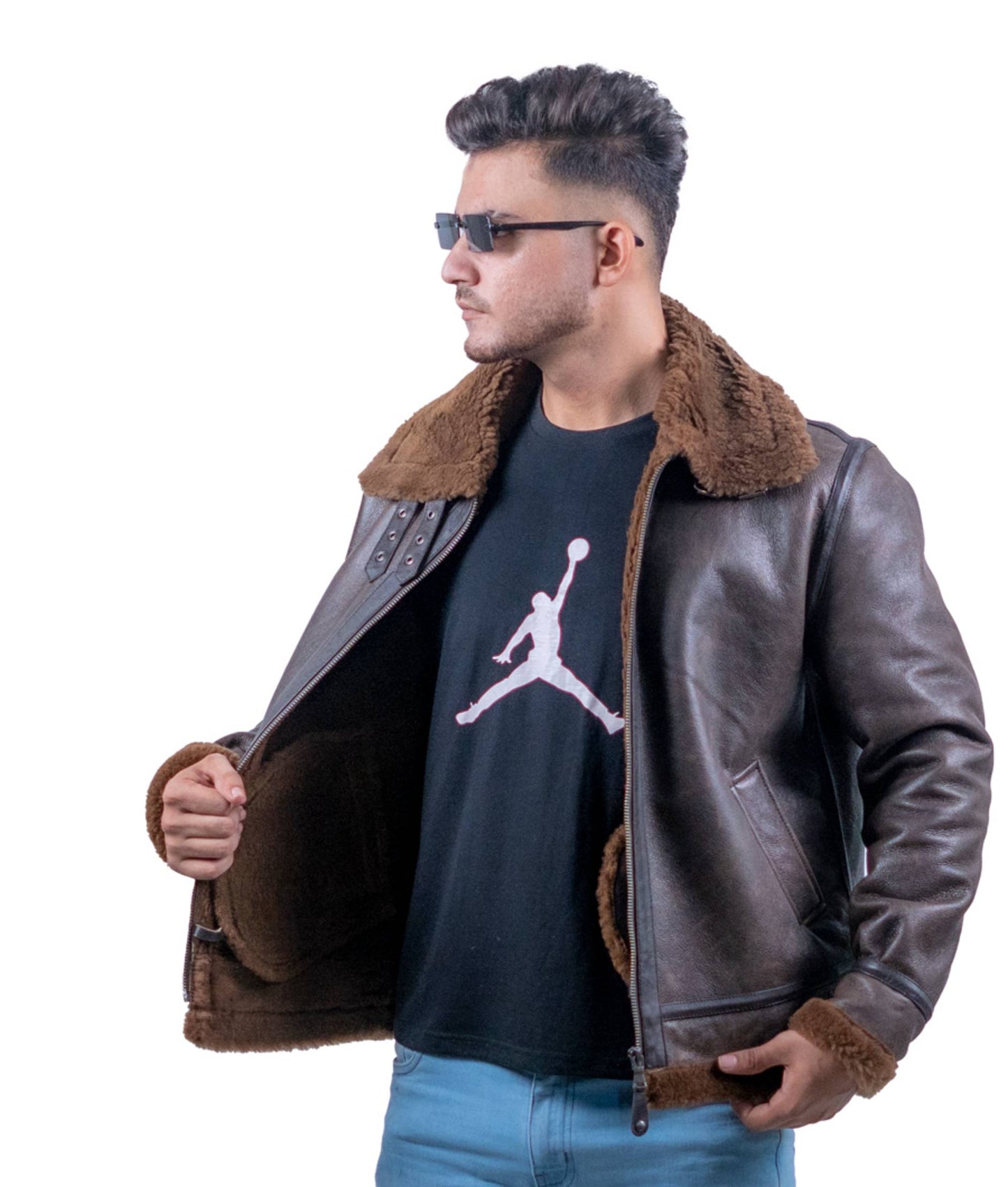 62 – Braune Lammfell-Lederjacke für Herren – Fliegerstil mit Kunstpelzfutter