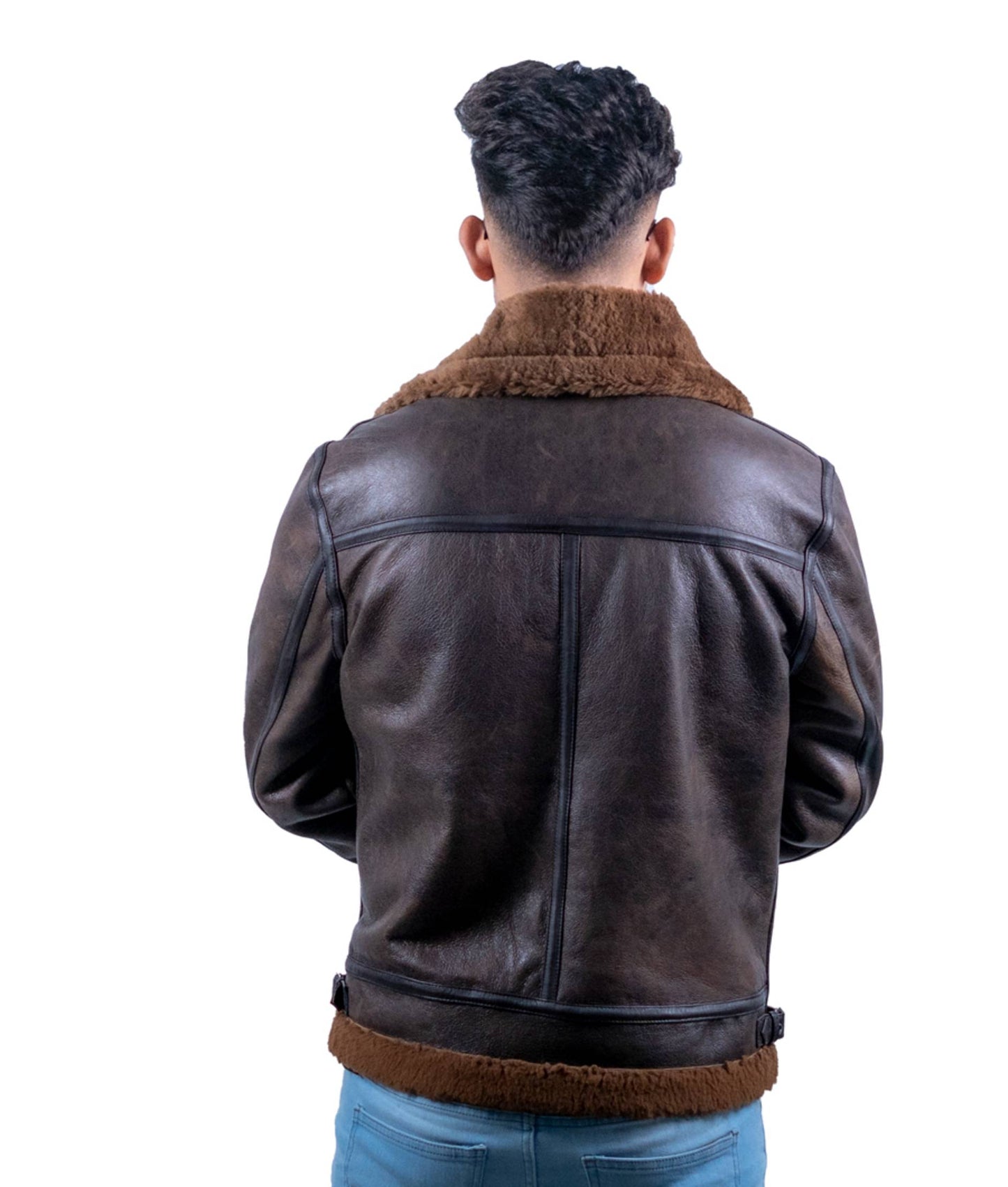 62 – Braune Lammfell-Lederjacke für Herren – Fliegerstil mit Kunstpelzfutter