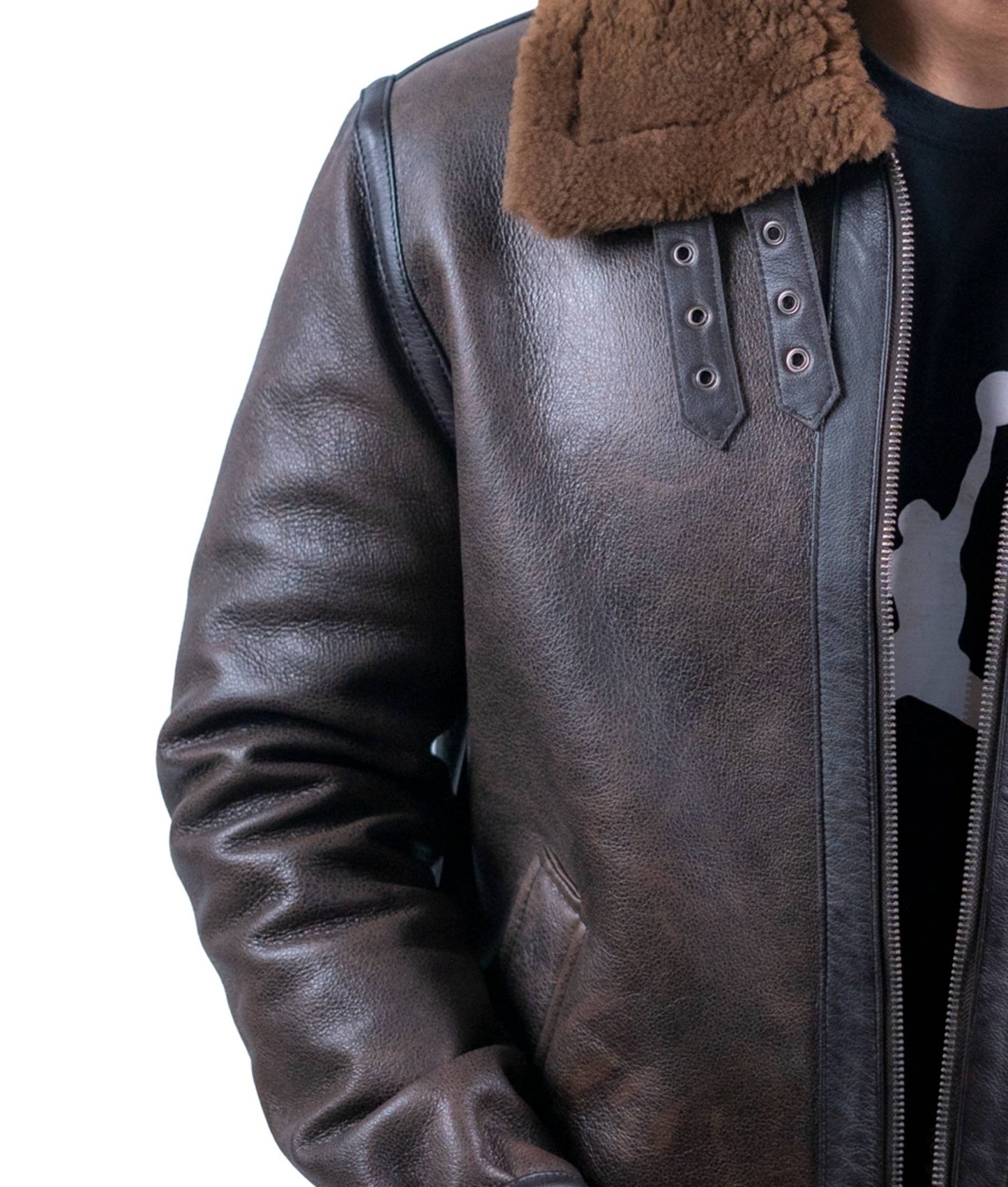 62 – Braune Lammfell-Lederjacke für Herren – Fliegerstil mit Kunstpelzfutter