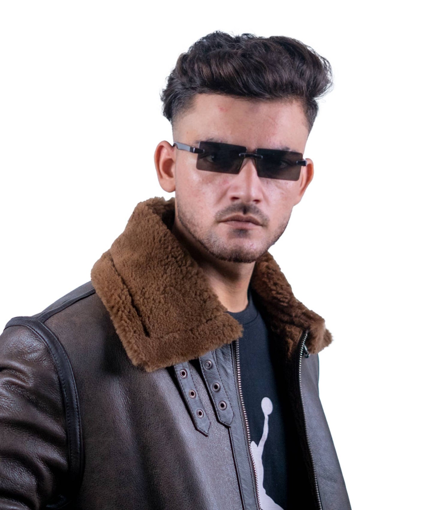 62 – Braune Lammfell-Lederjacke für Herren – Fliegerstil mit Kunstpelzfutter