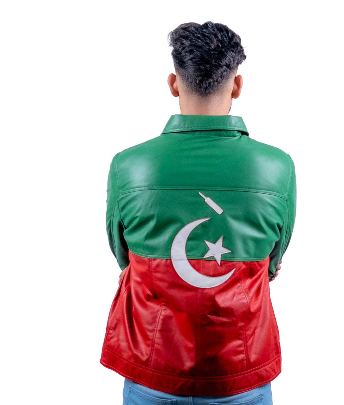 64 - Patriotic Green & Red Leather Jacket – Cricket Bat Emblem Edition