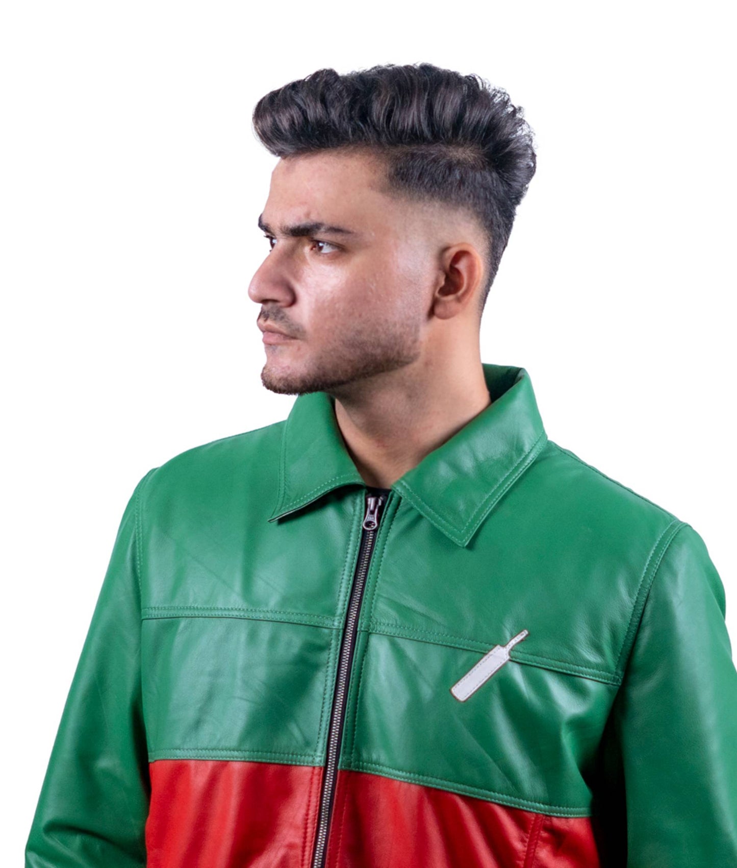 64 - Patriotic Green & Red Leather Jacket – Cricket Bat Emblem Edition