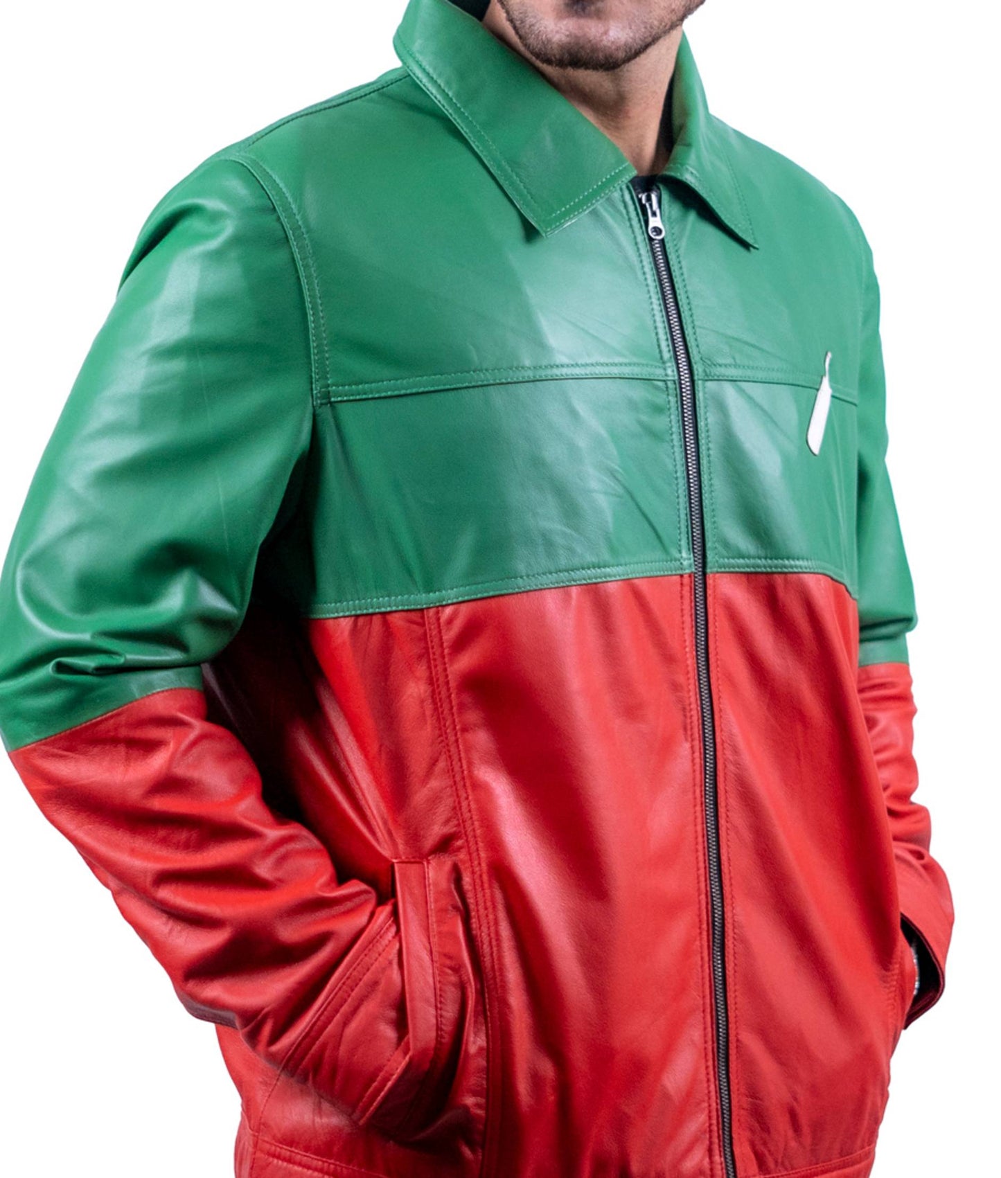 64 - Patriotic Green & Red Leather Jacket – Cricket Bat Emblem Edition