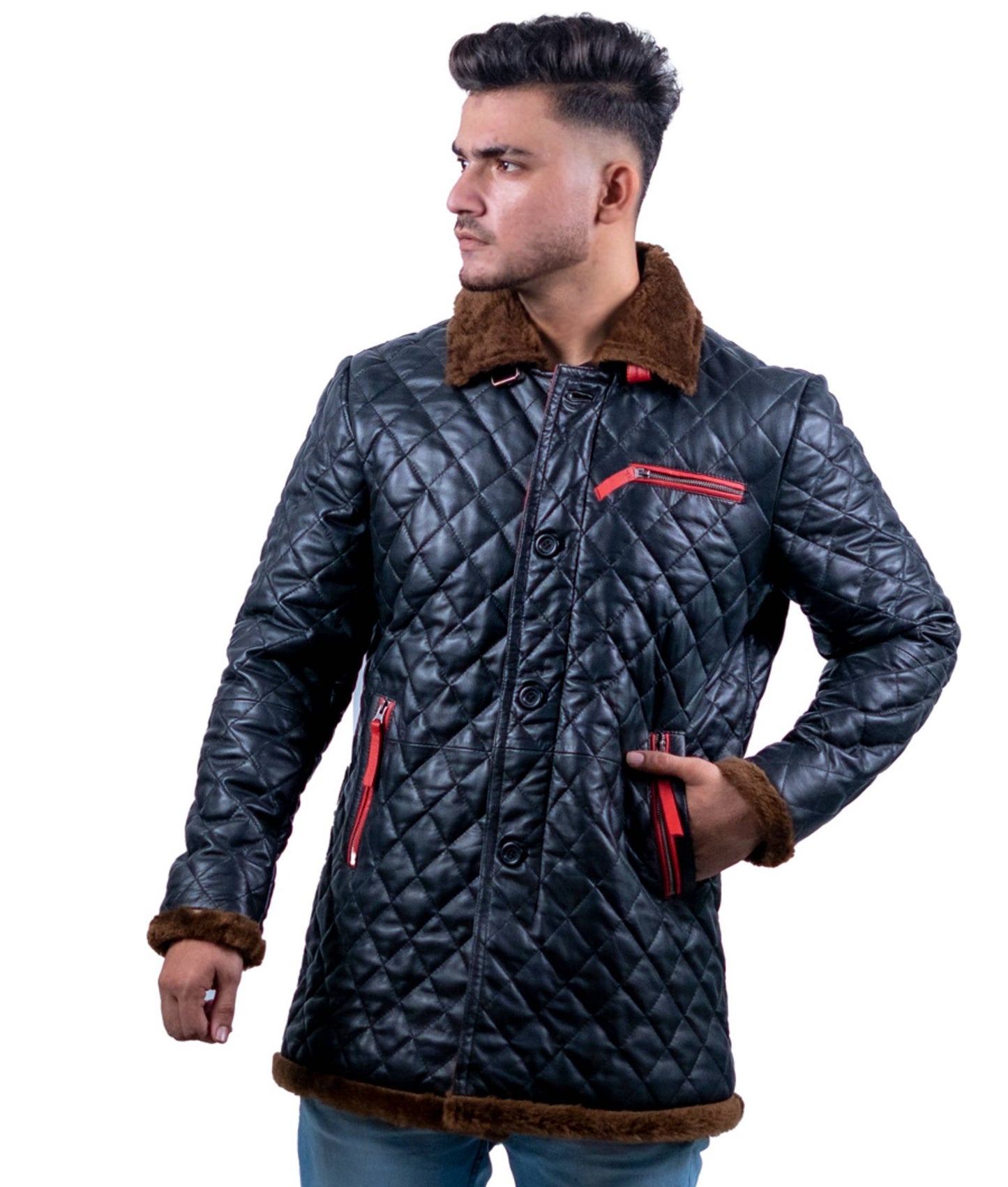 68 - Quilted Longline Leather Jacket – Black with Red Zippers & Brown Fur Lining