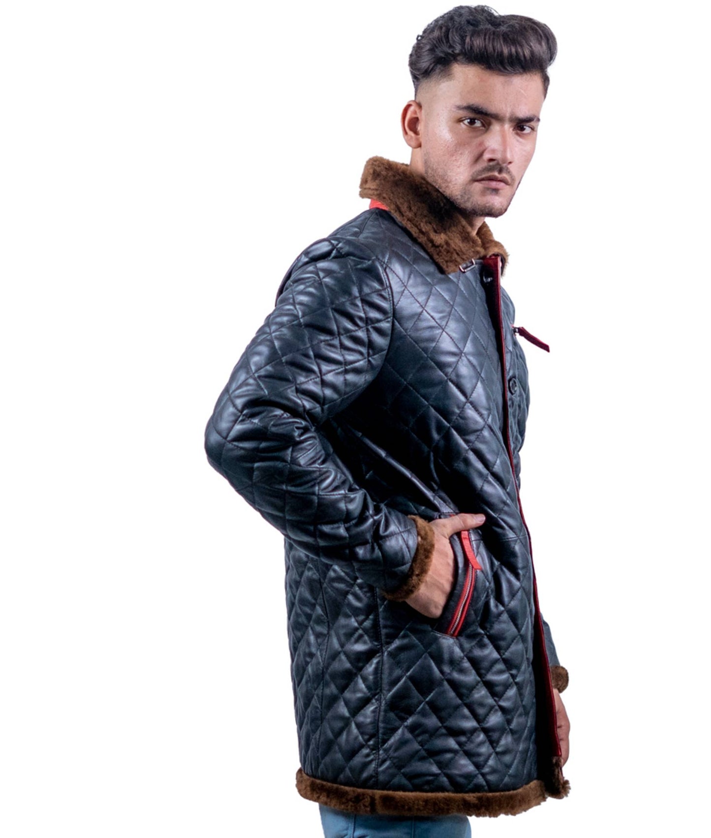 68 - Quilted Longline Leather Jacket – Black with Red Zippers & Brown Fur Lining