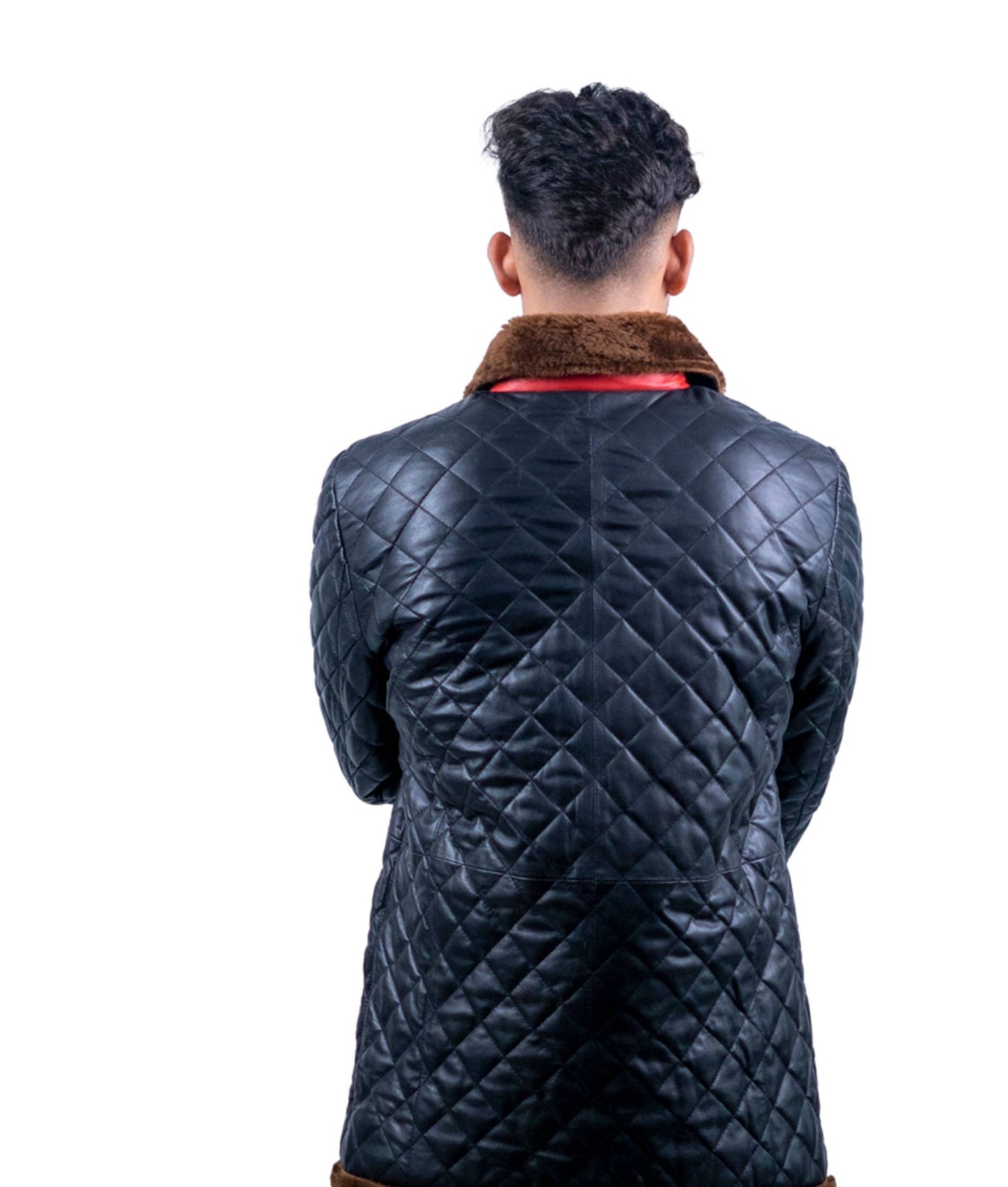 68 - Quilted Longline Leather Jacket – Black with Red Zippers & Brown Fur Lining