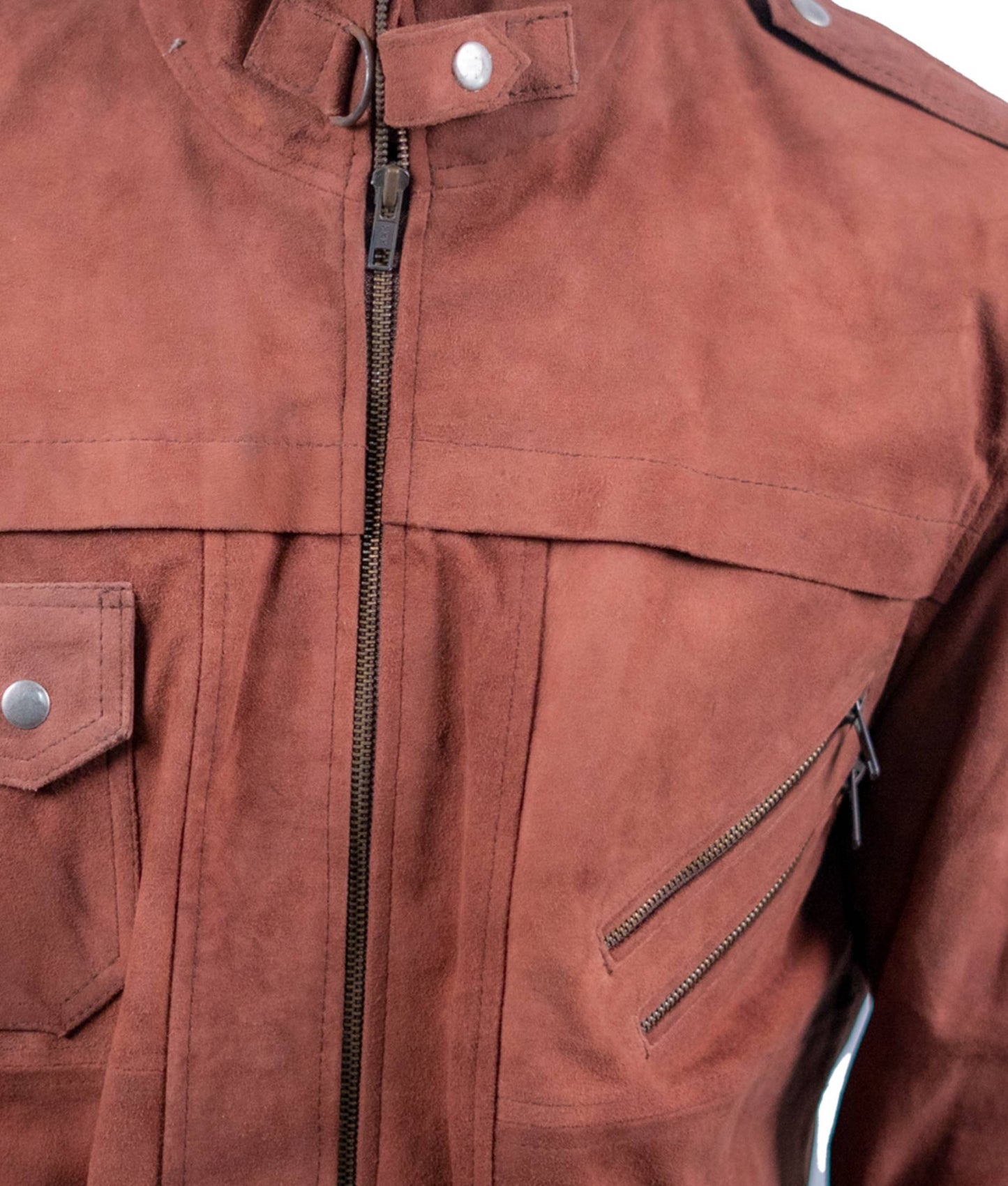 69 - Rust Brown Suede Bomber Jacket – Tactical Shoulder & Chest Pocket Design