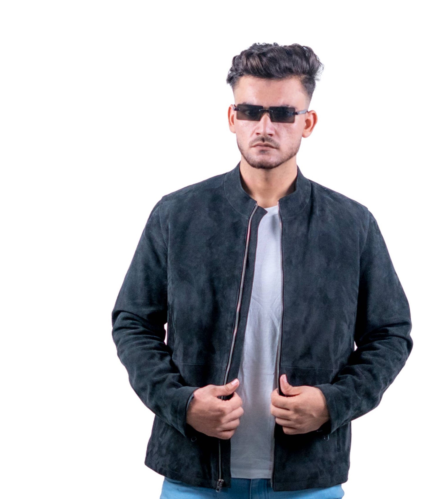 70 – Tiefschwarze Bomberjacke aus Wildleder – Minimalist Smart Fit