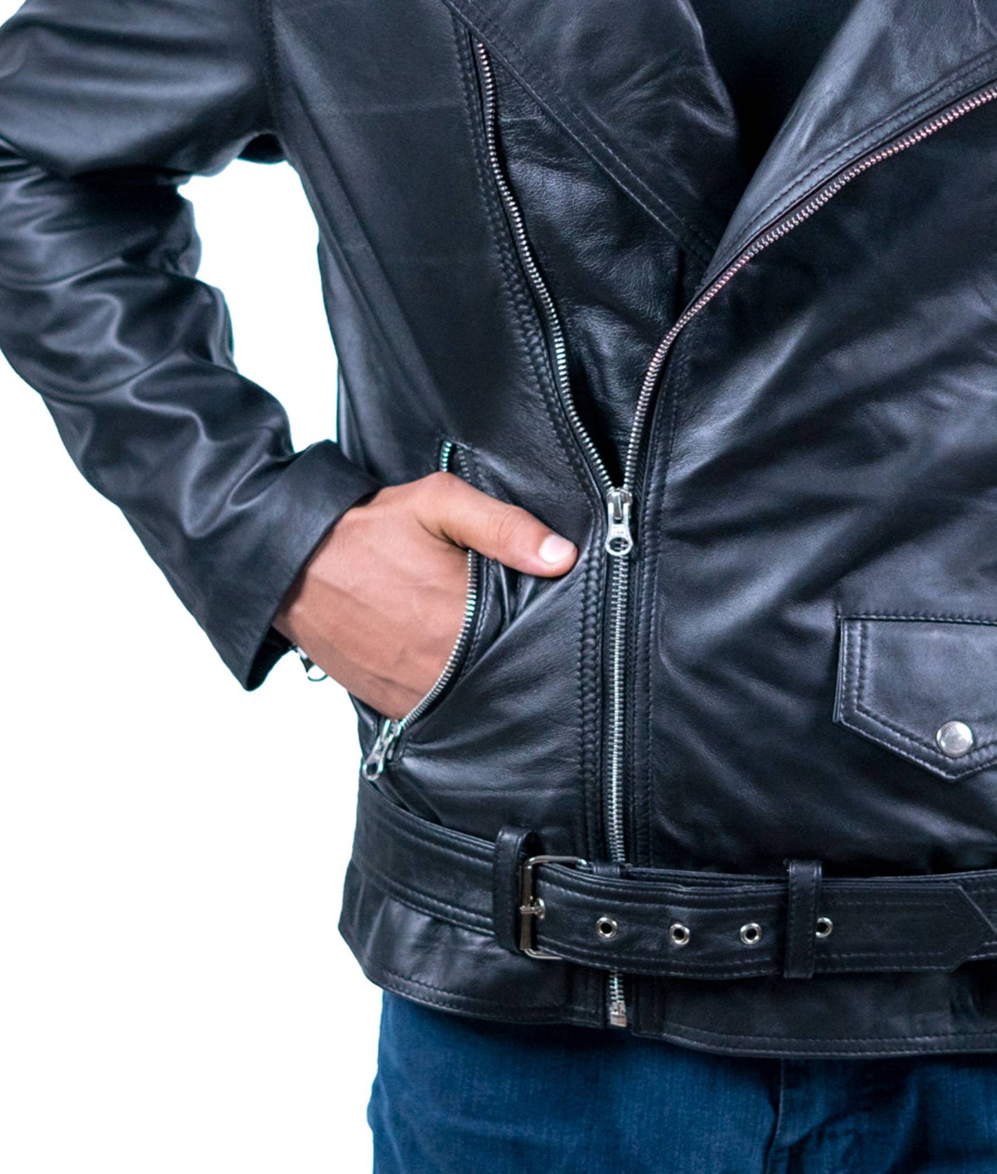 71 – Klassische schwarze Biker-Lederjacke – Asymmetrischer Reißverschluss und Gürtel