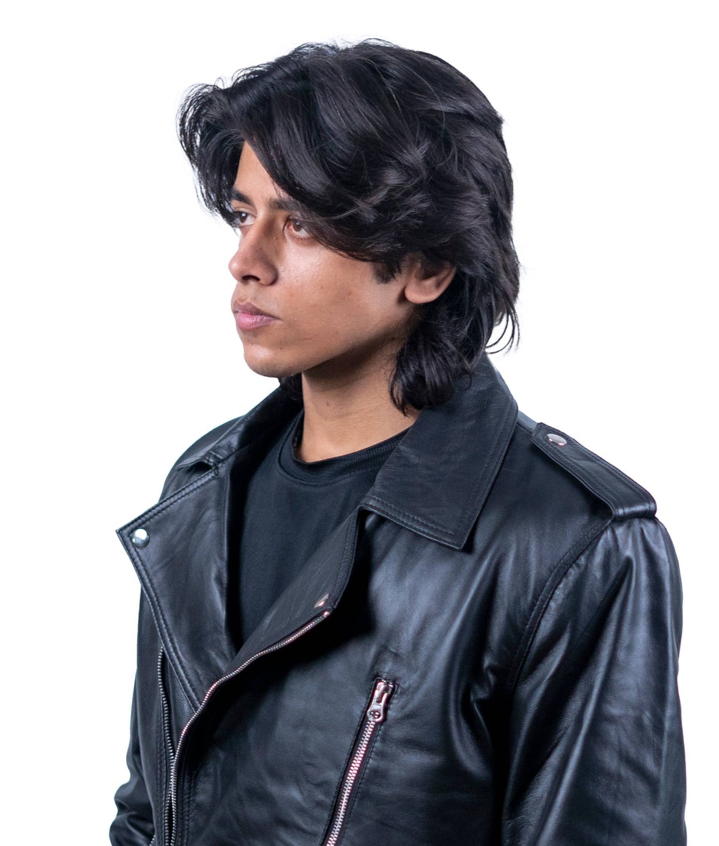 71 – Klassische schwarze Biker-Lederjacke – Asymmetrischer Reißverschluss und Gürtel