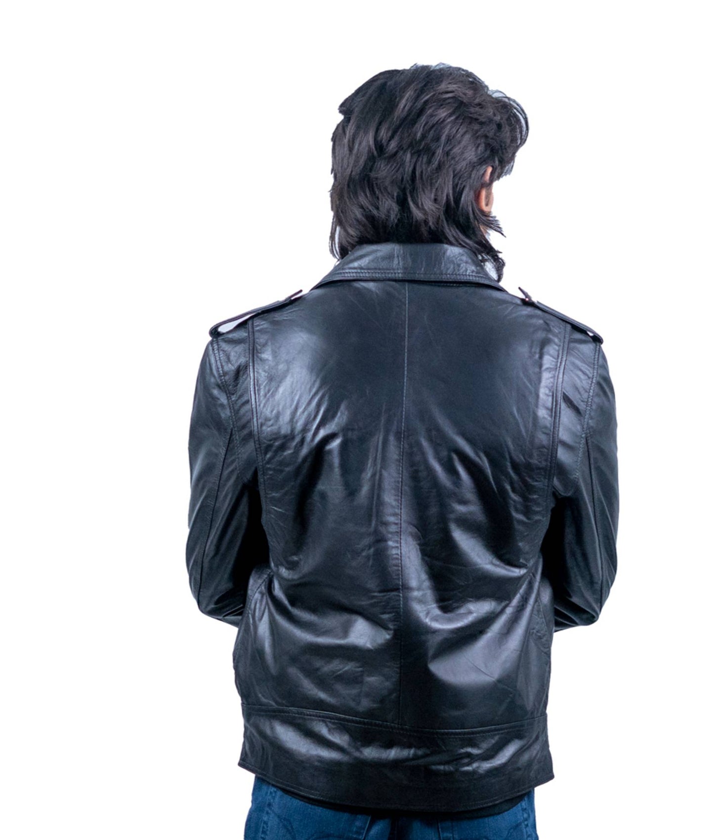 71 – Klassische schwarze Biker-Lederjacke – Asymmetrischer Reißverschluss und Gürtel