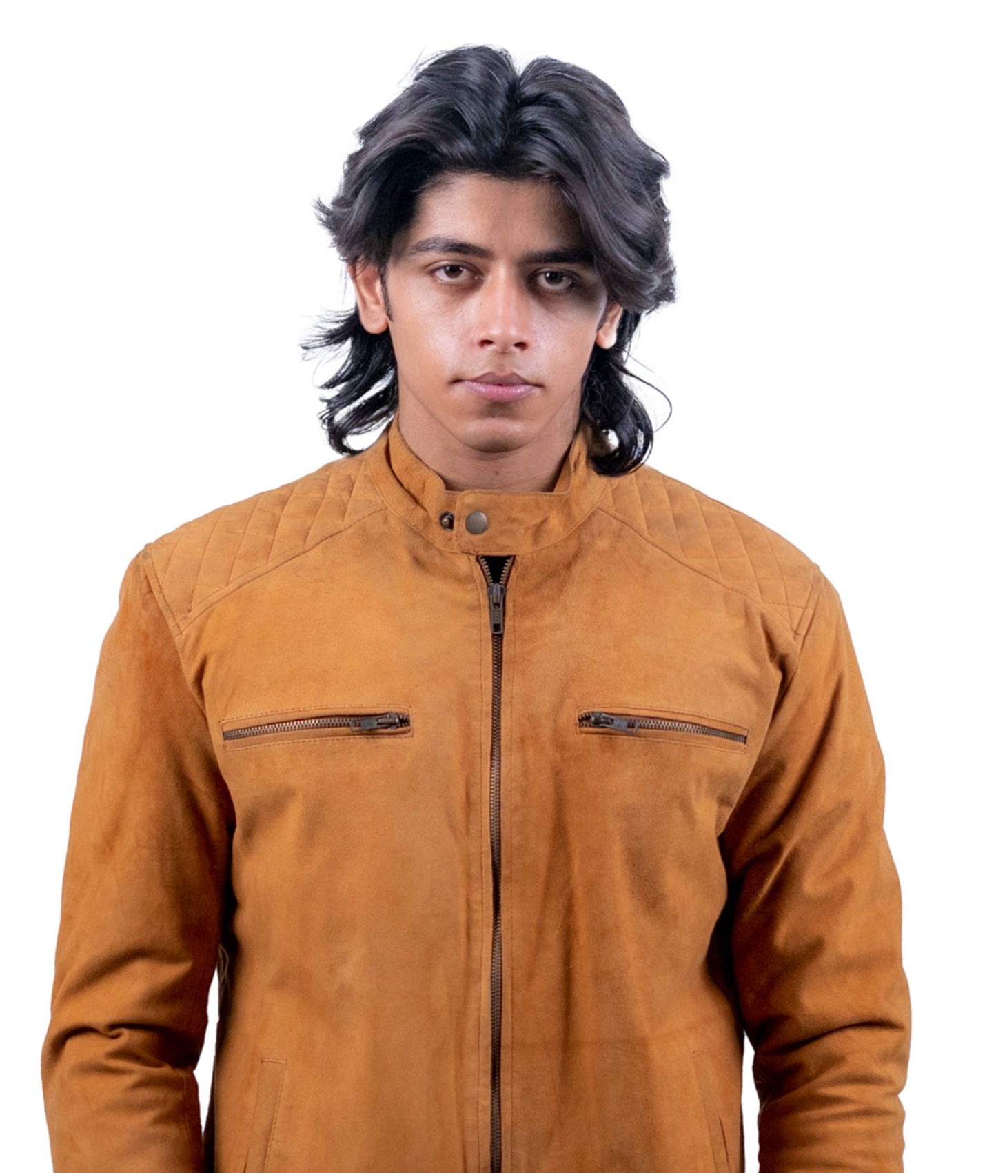 72 – Kamelbraune Wildleder-Motorradjacke – Gestepptes Schulterdesign