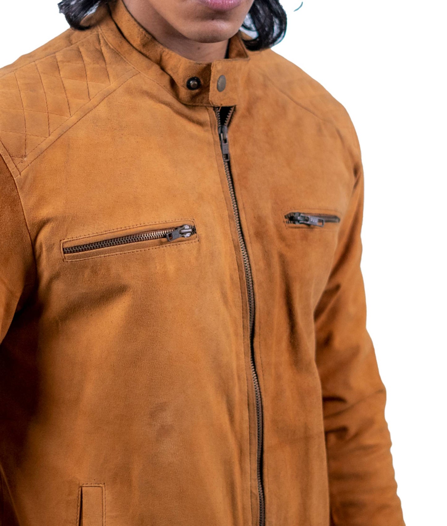 72 – Kamelbraune Wildleder-Motorradjacke – Gestepptes Schulterdesign