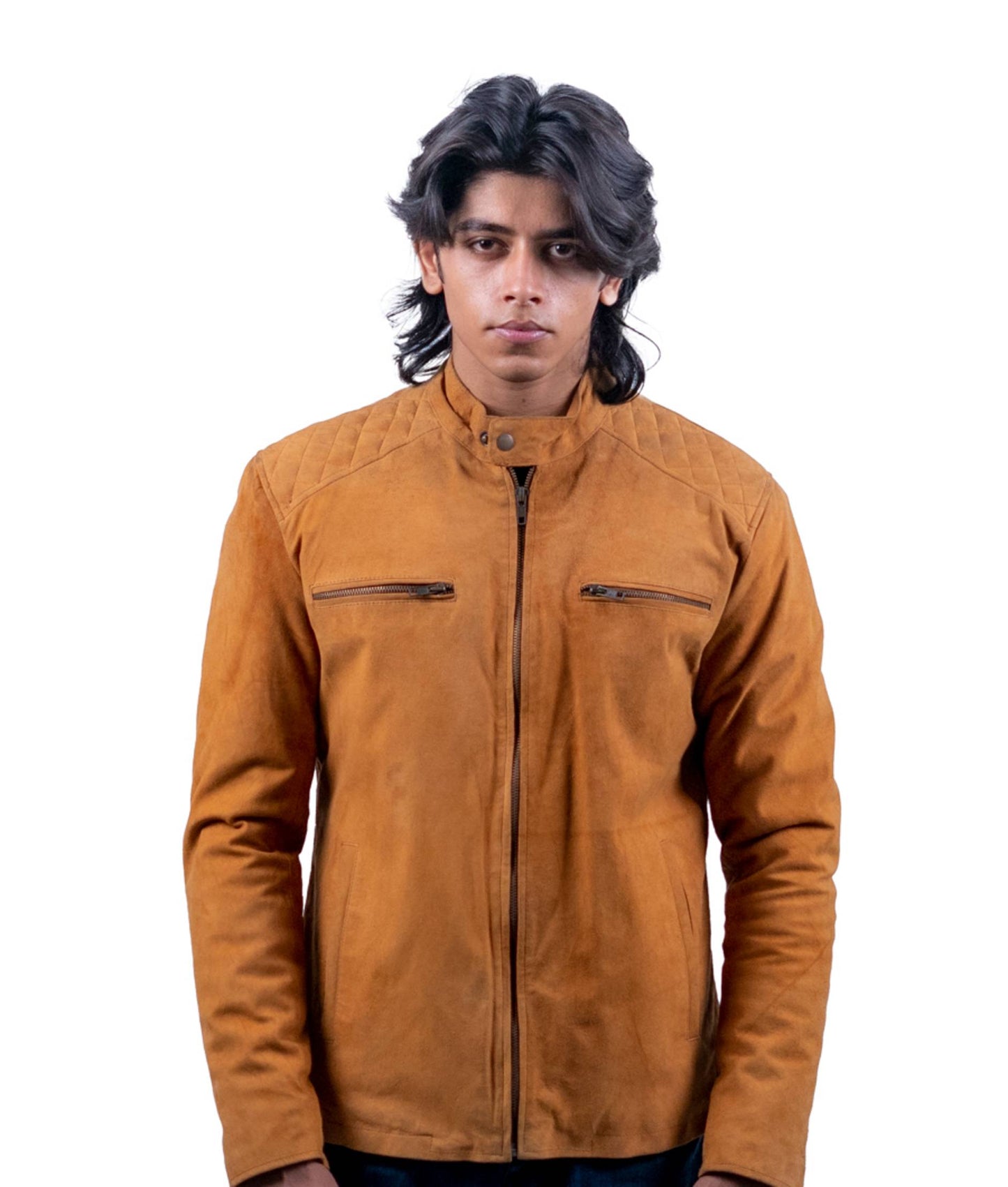 72 – Kamelbraune Wildleder-Motorradjacke – Gestepptes Schulterdesign