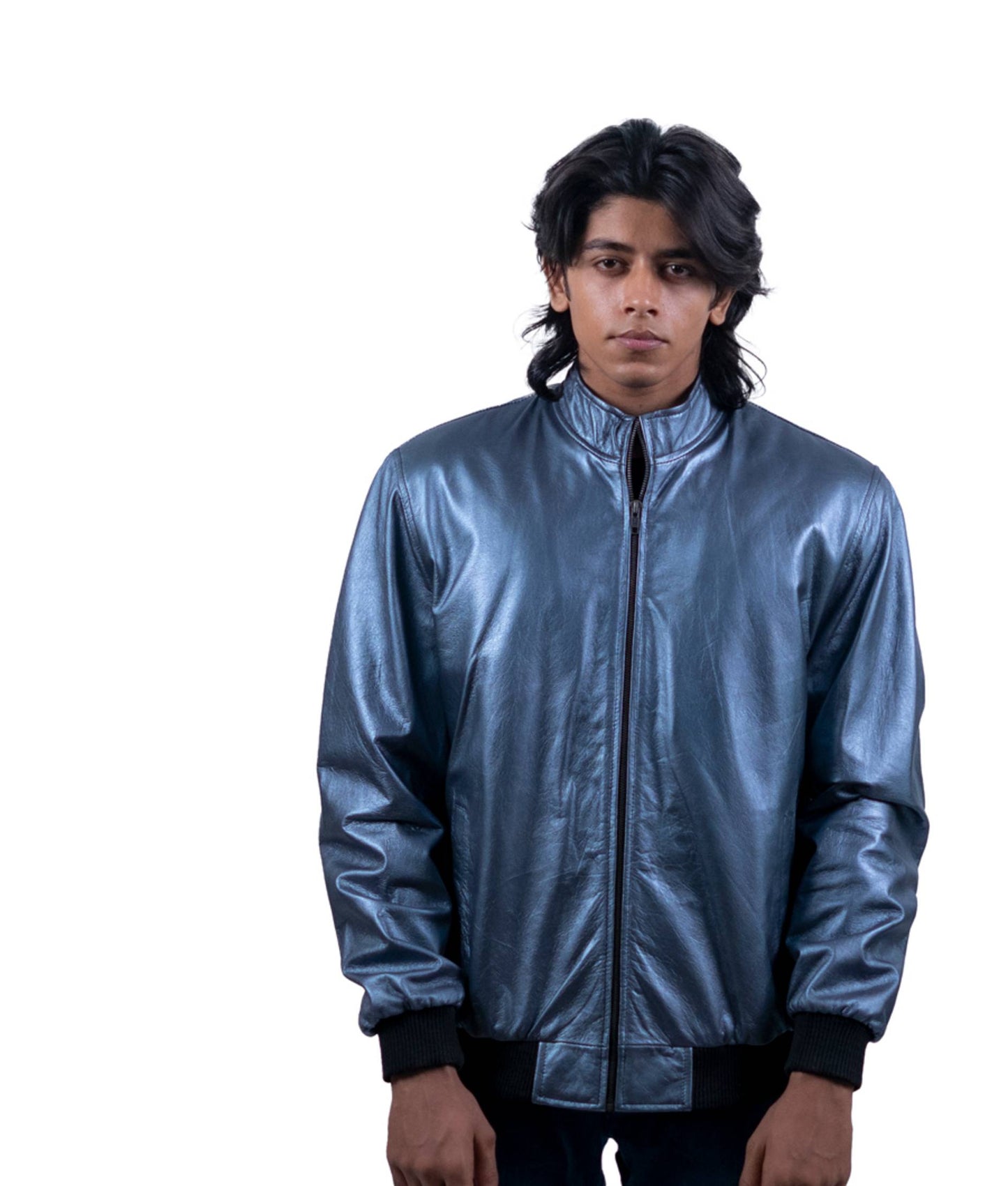 76 - Metallic Blue Bomber Jacket – High-Shine Urban Style