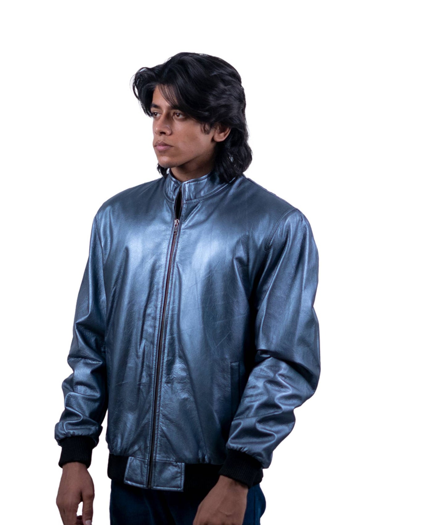 76 - Metallic Blue Bomber Jacket – High-Shine Urban Style