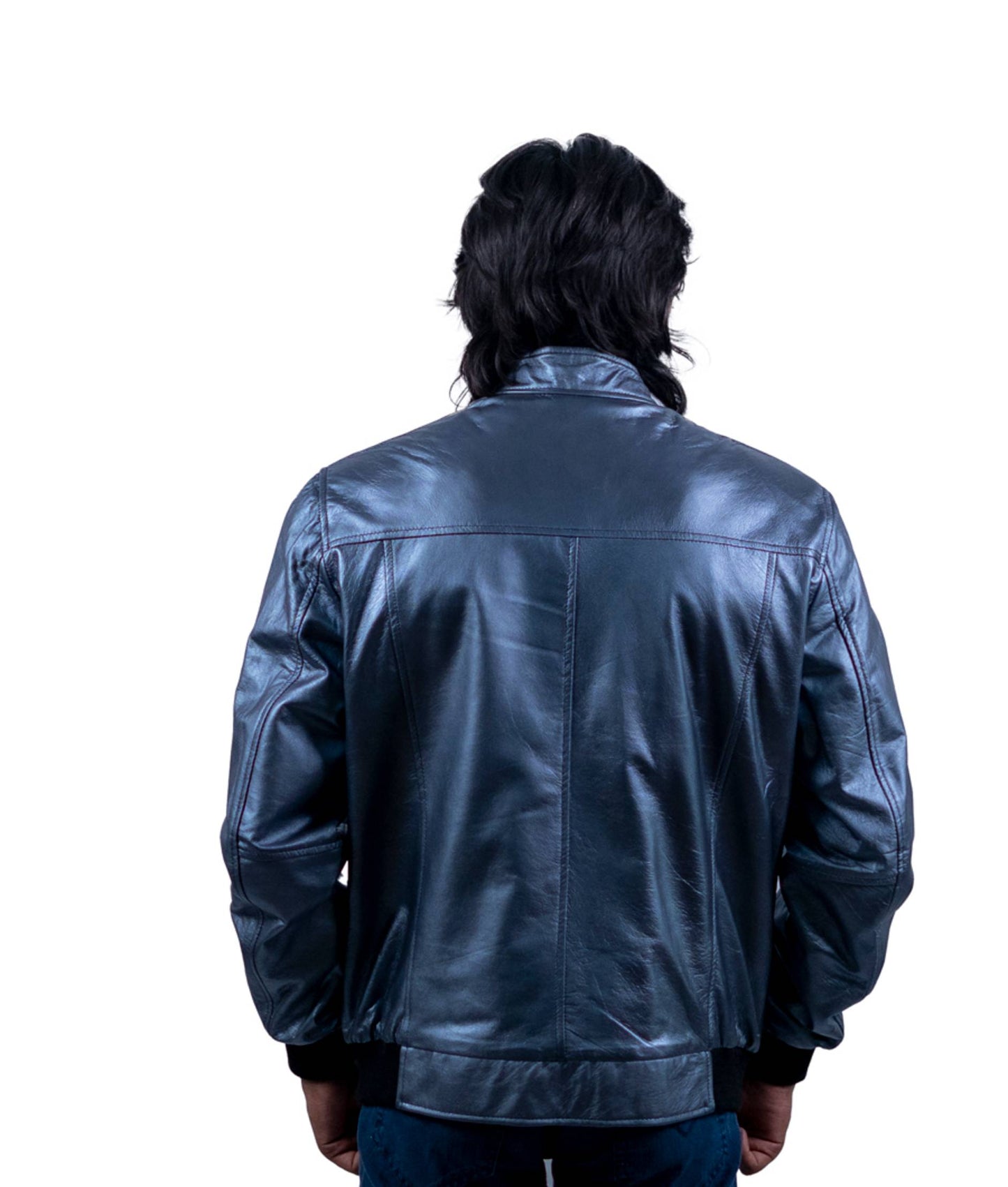 76 - Metallic Blue Bomber Jacket – High-Shine Urban Style