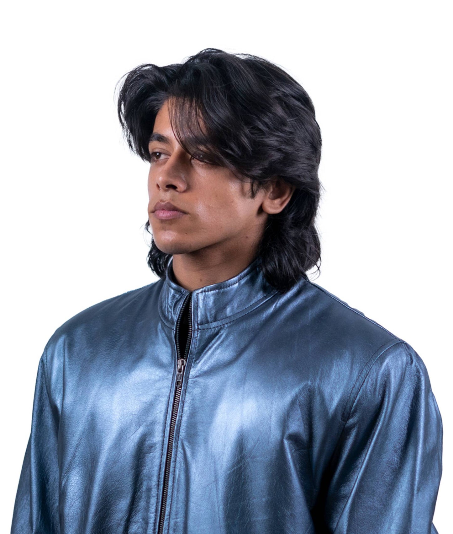 76 - Metallic Blue Bomber Jacket – High-Shine Urban Style