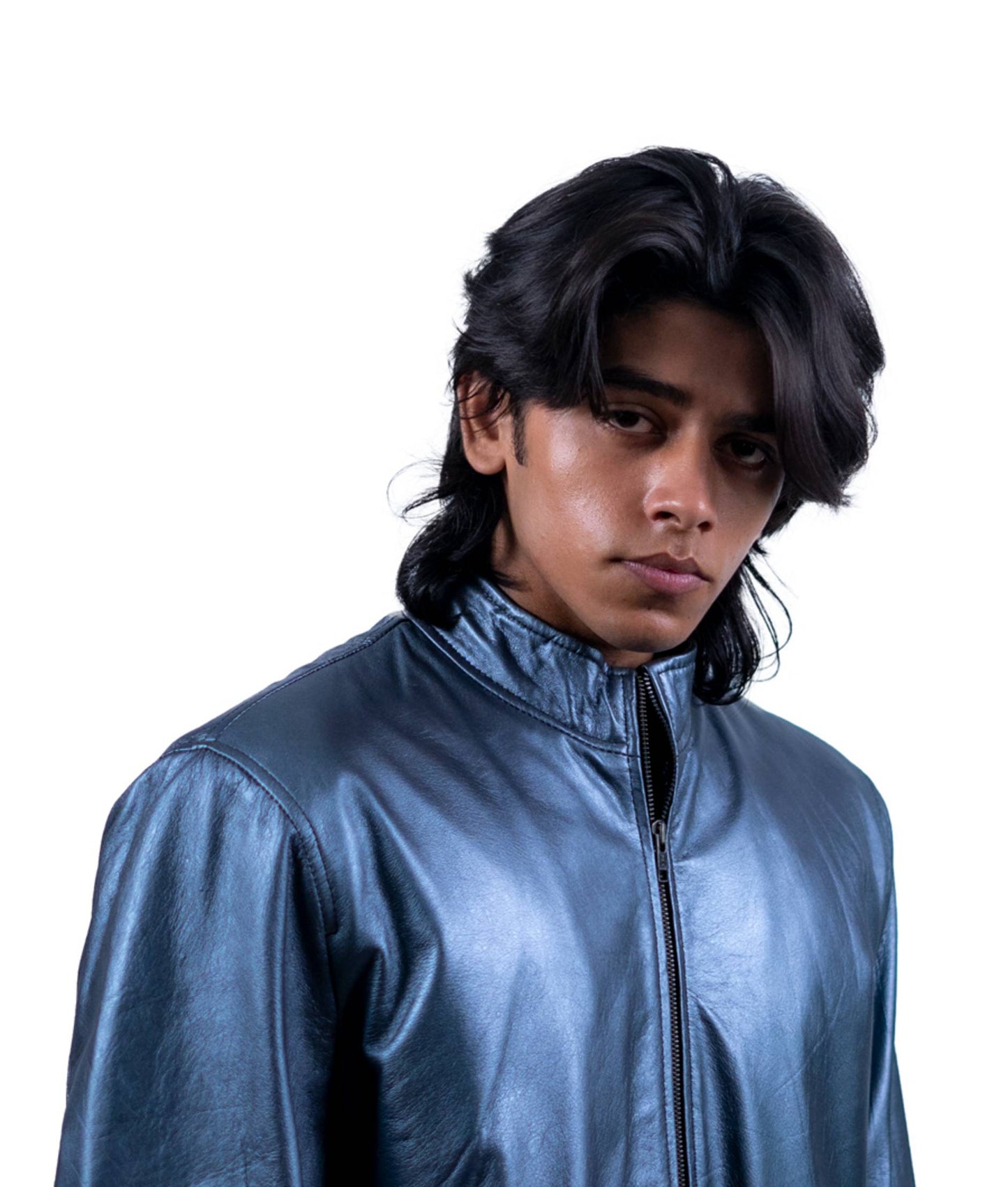 76 - Metallic Blue Bomber Jacket – High-Shine Urban Style